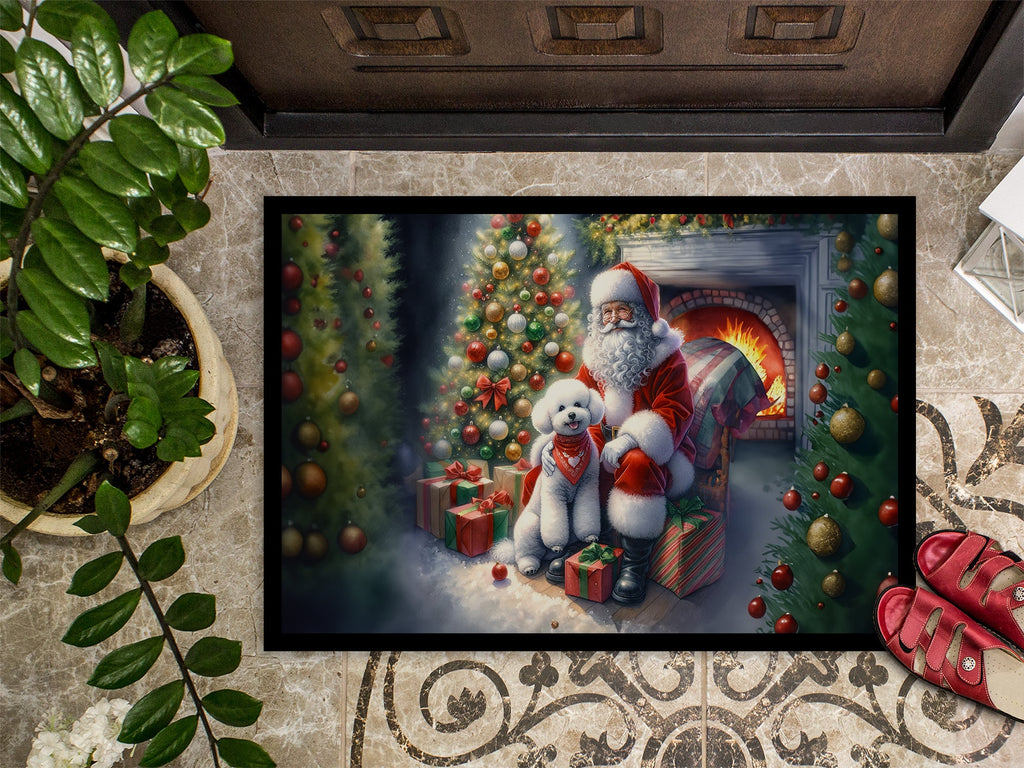 Bichon Frise and Santa Claus Doormat Indoor Outdoor 24H X 36W Front Door Mat Rugs for Entryway, Non Slip Washable Low Pile,