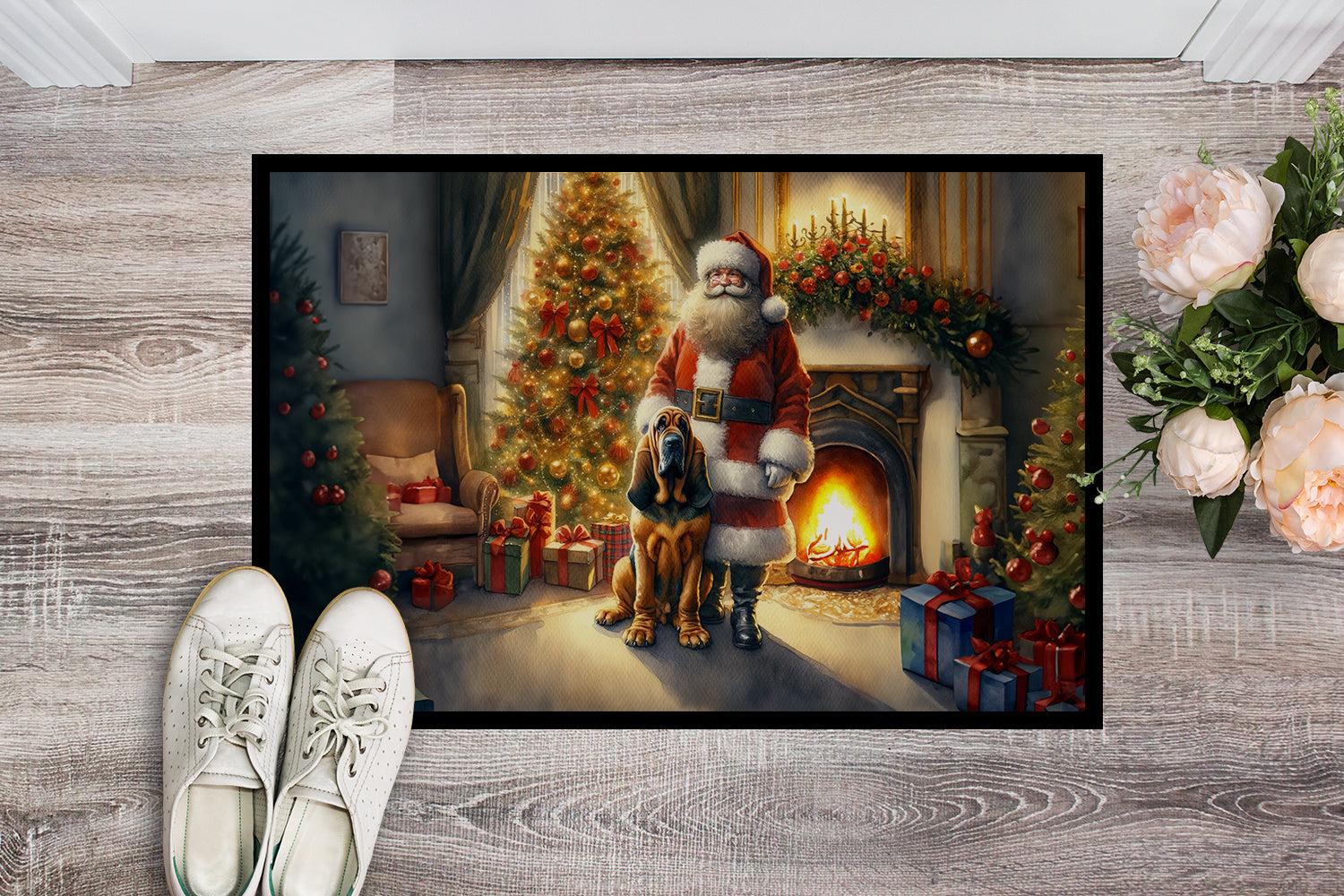Bloodhound and Santa Claus Doormat Indoor Outdoor 24H X 36W Front Door Mat Rugs for Entryway, Non Slip Washable Low Pile,