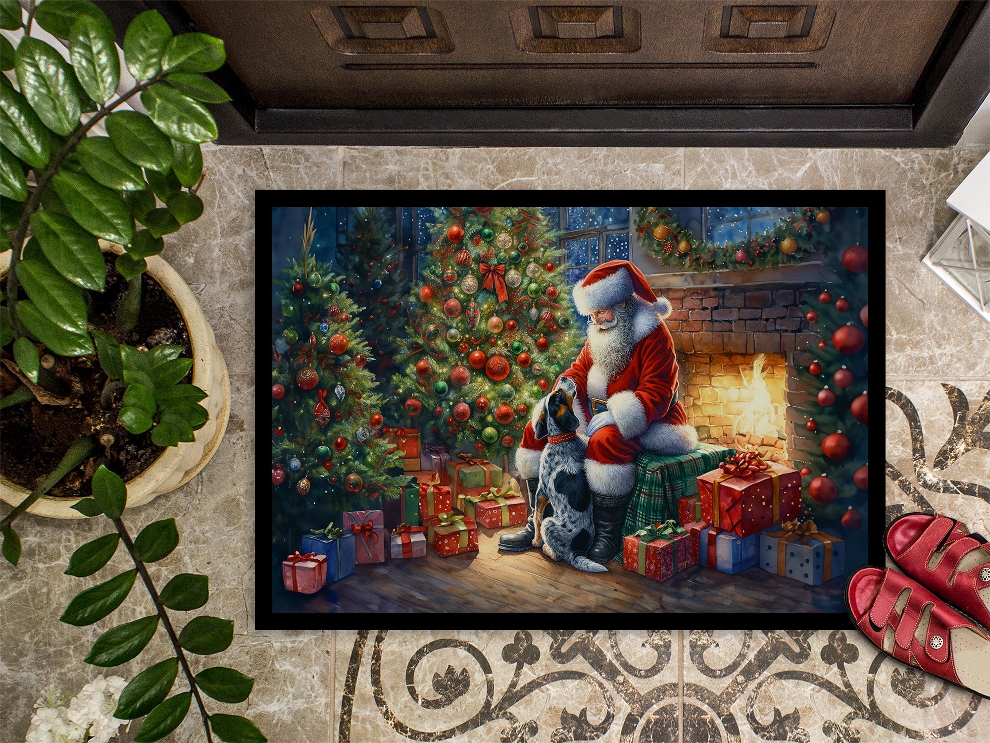 Bluetick Hound and Santa Claus Doormat Indoor Outdoor 18H X 27W Front Door Mat Rugs for Entryway, Non Slip Washable