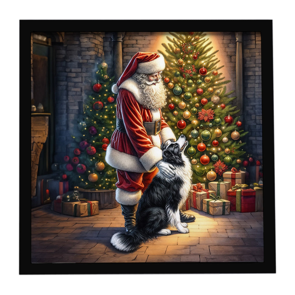 Border Collie and Santa Claus Framed Metal Print Bathroom, Kitchen, Office, Home Decor Wall Art Ready to Hang, Square, 8X8