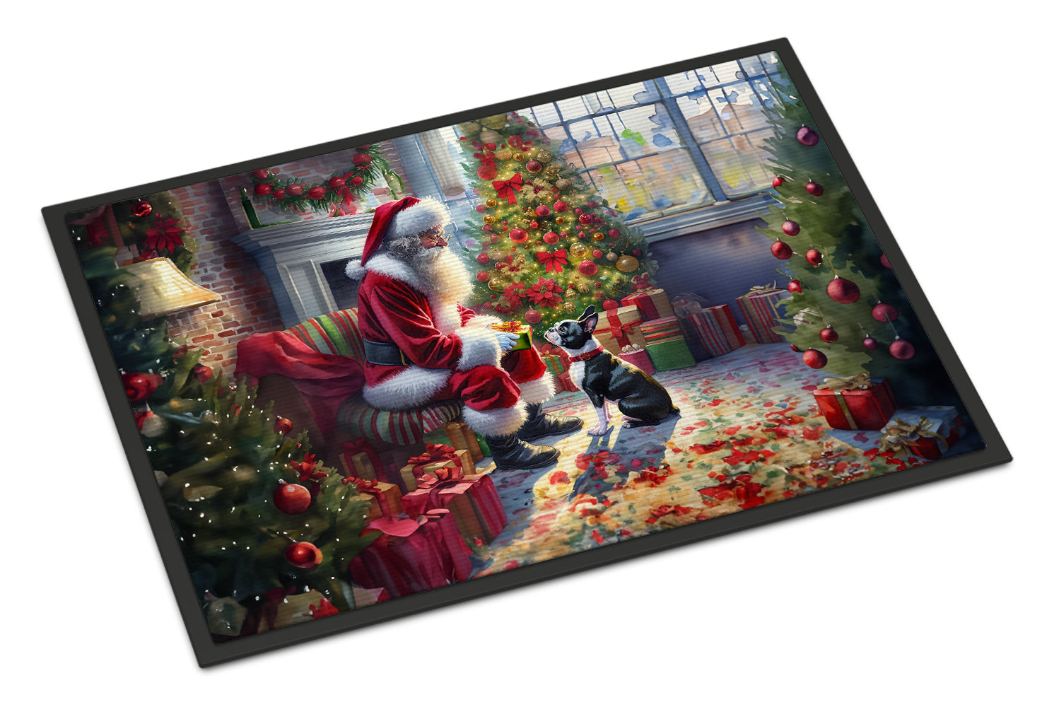 Boston Terrier and Santa Claus Doormat Indoor Outdoor 18H X 27W Front Door Mat Rugs for Entryway, Non Slip Washable