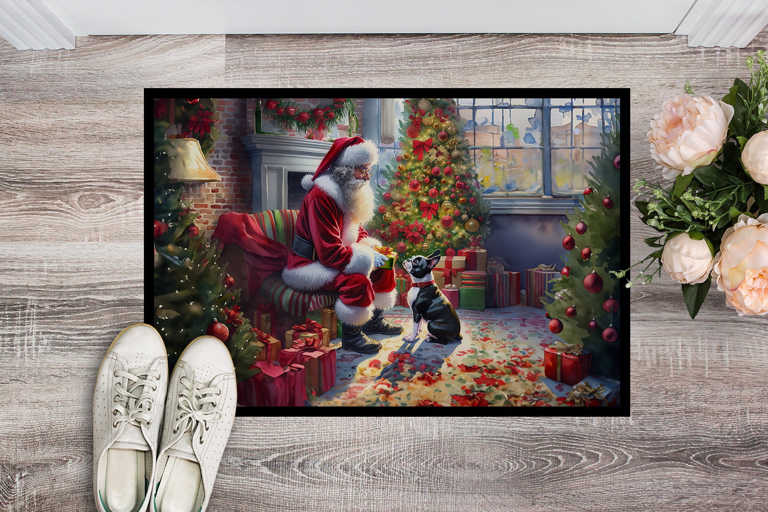 Boston Terrier and Santa Claus Doormat Indoor Outdoor 18H X 27W Front Door Mat Rugs for Entryway, Non Slip Washable