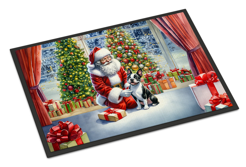 Boston Terrier and Santa Claus Doormat Indoor Outdoor 24H X 36W Front Door Mat Rugs for Entryway, Non Slip Washable Low Pile,