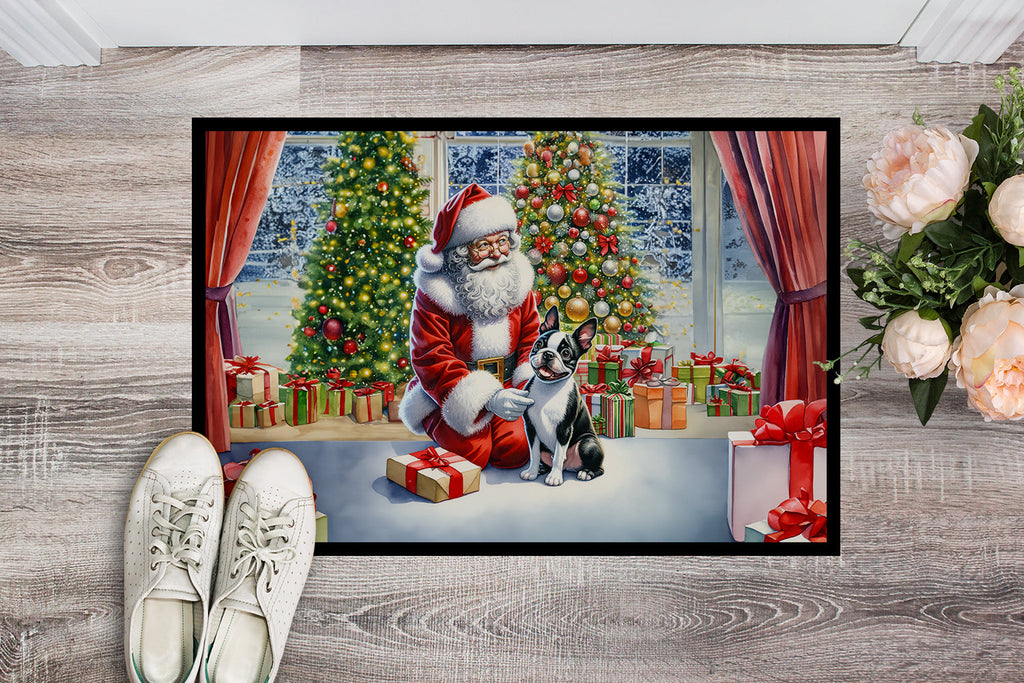 Boston Terrier and Santa Claus Doormat Indoor Outdoor 24H X 36W Front Door Mat Rugs for Entryway, Non Slip Washable Low Pile,