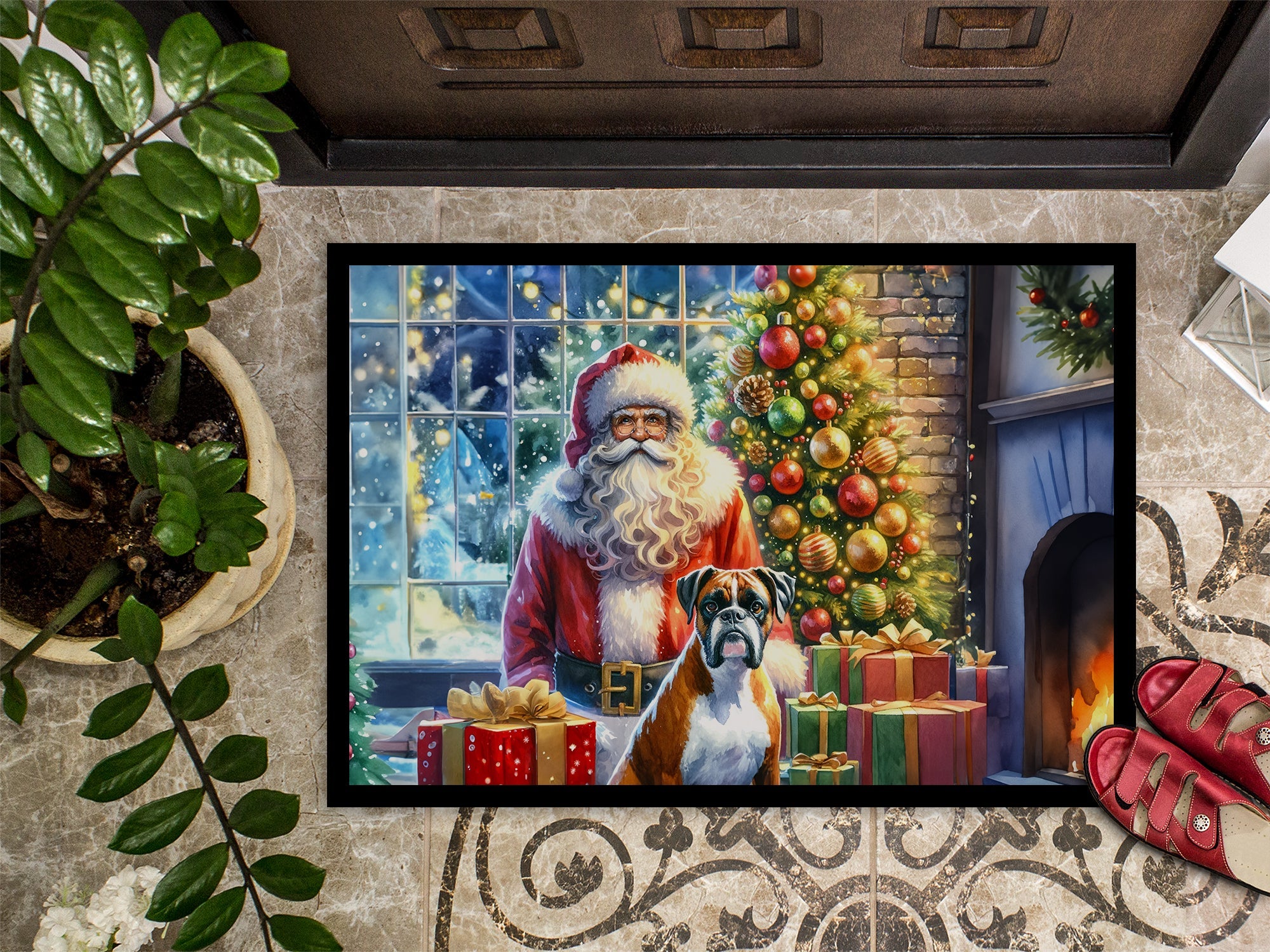 Boxer and Santa Claus Doormat Indoor Outdoor 18H X 27W Front Door Mat Rugs for Entryway, Non Slip Washable