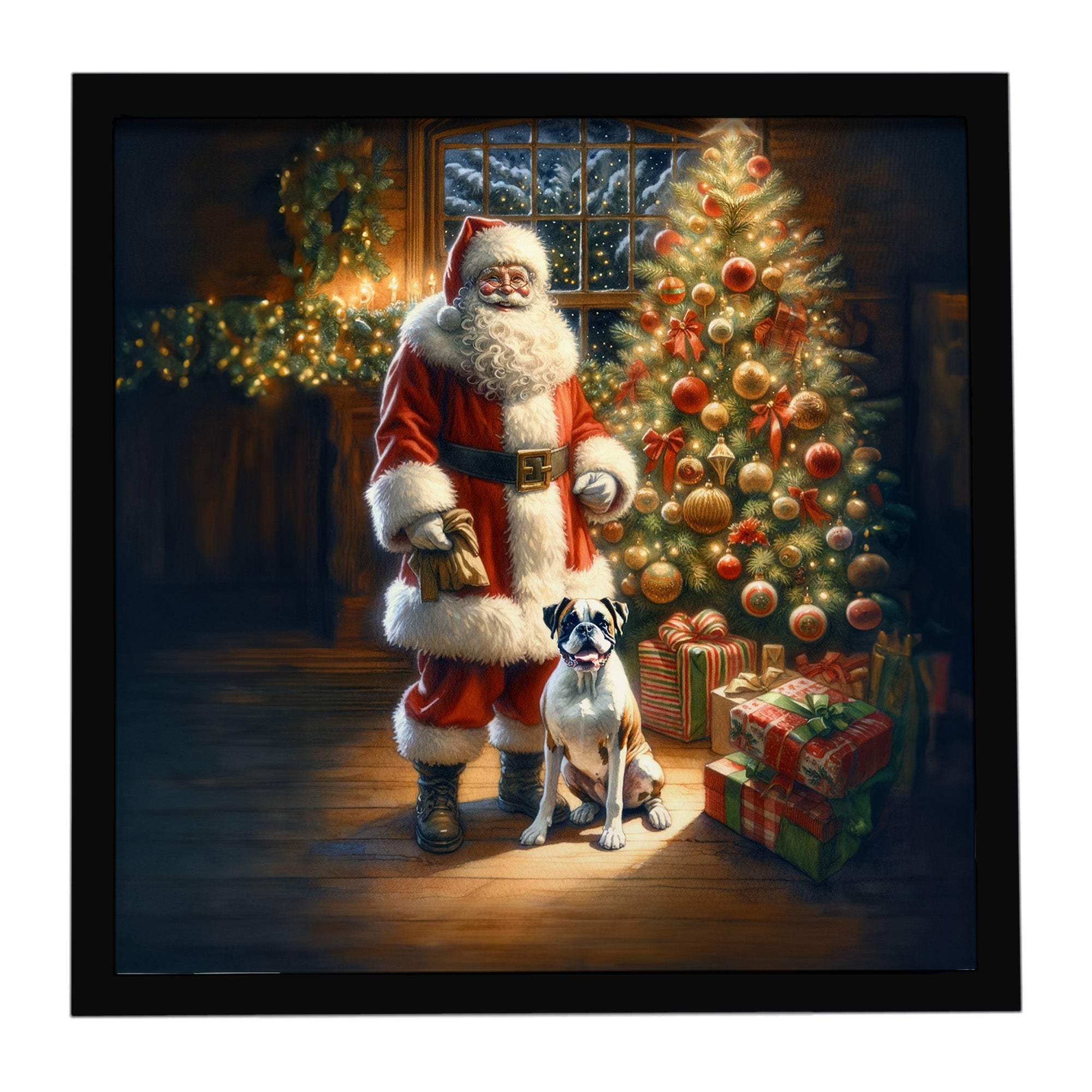 Boxer and Santa Claus Framed Metal Print Bathroom, Kitchen, Office, Home Decor Wall Art Ready to Hang, Square, 8X8