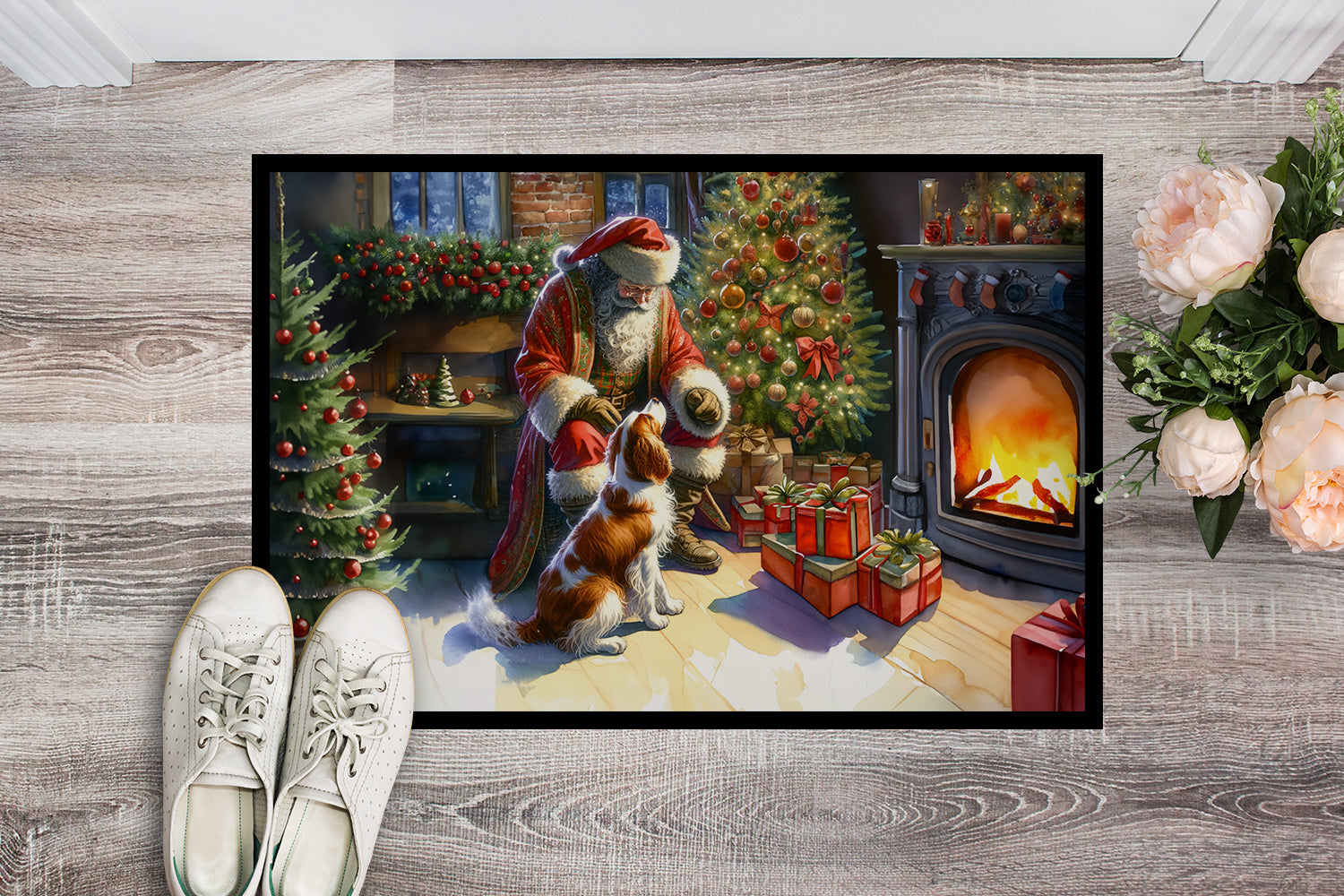 Brittany and Santa Claus Doormat Indoor Outdoor 24H X 36W Front Door Mat Rugs for Entryway, Non Slip Washable Low Pile,