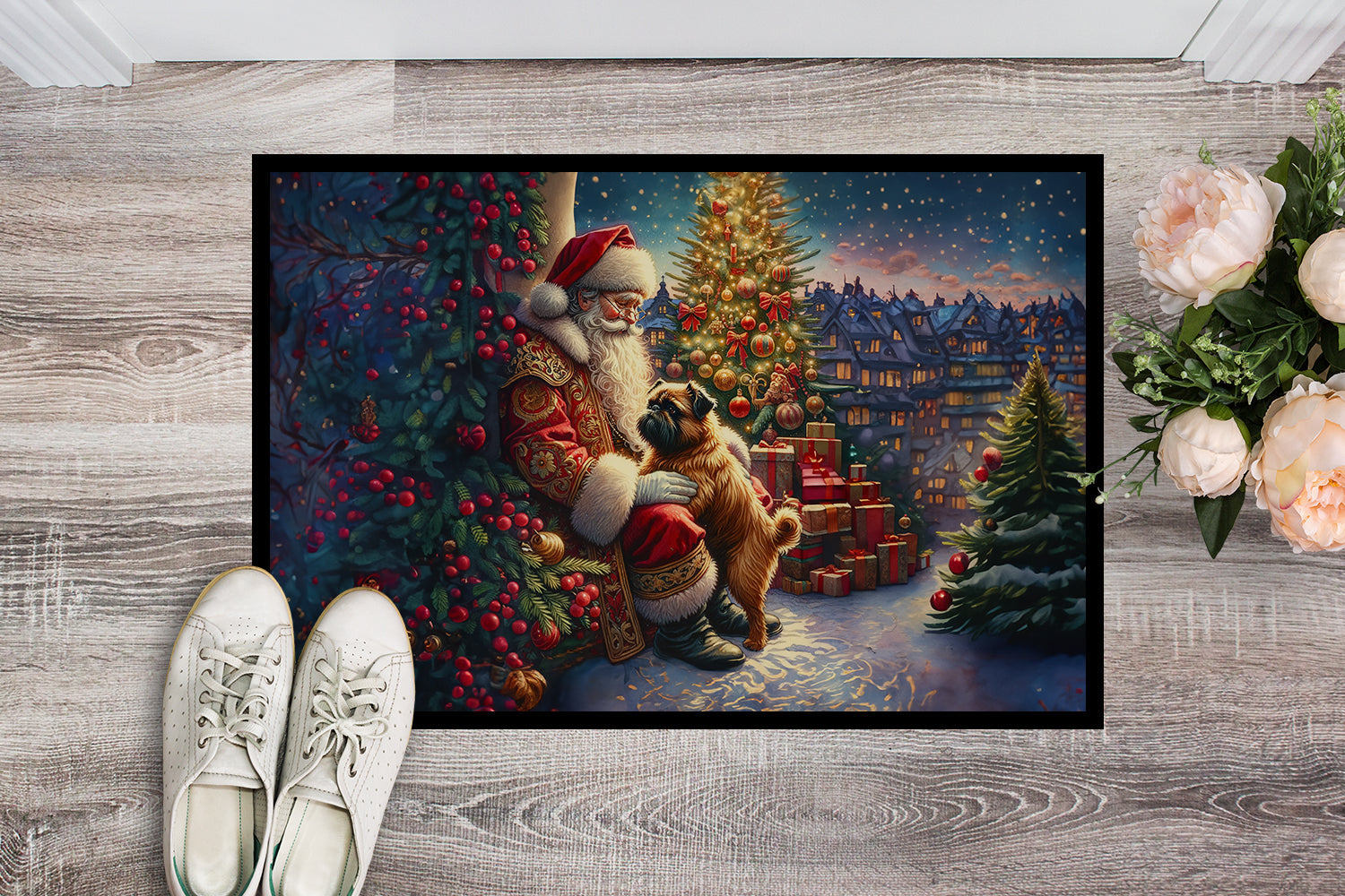 Brussels Griffon and Santa Claus Doormat Indoor Outdoor 18H X 27W Front Door Mat Rugs for Entryway, Non Slip Washable