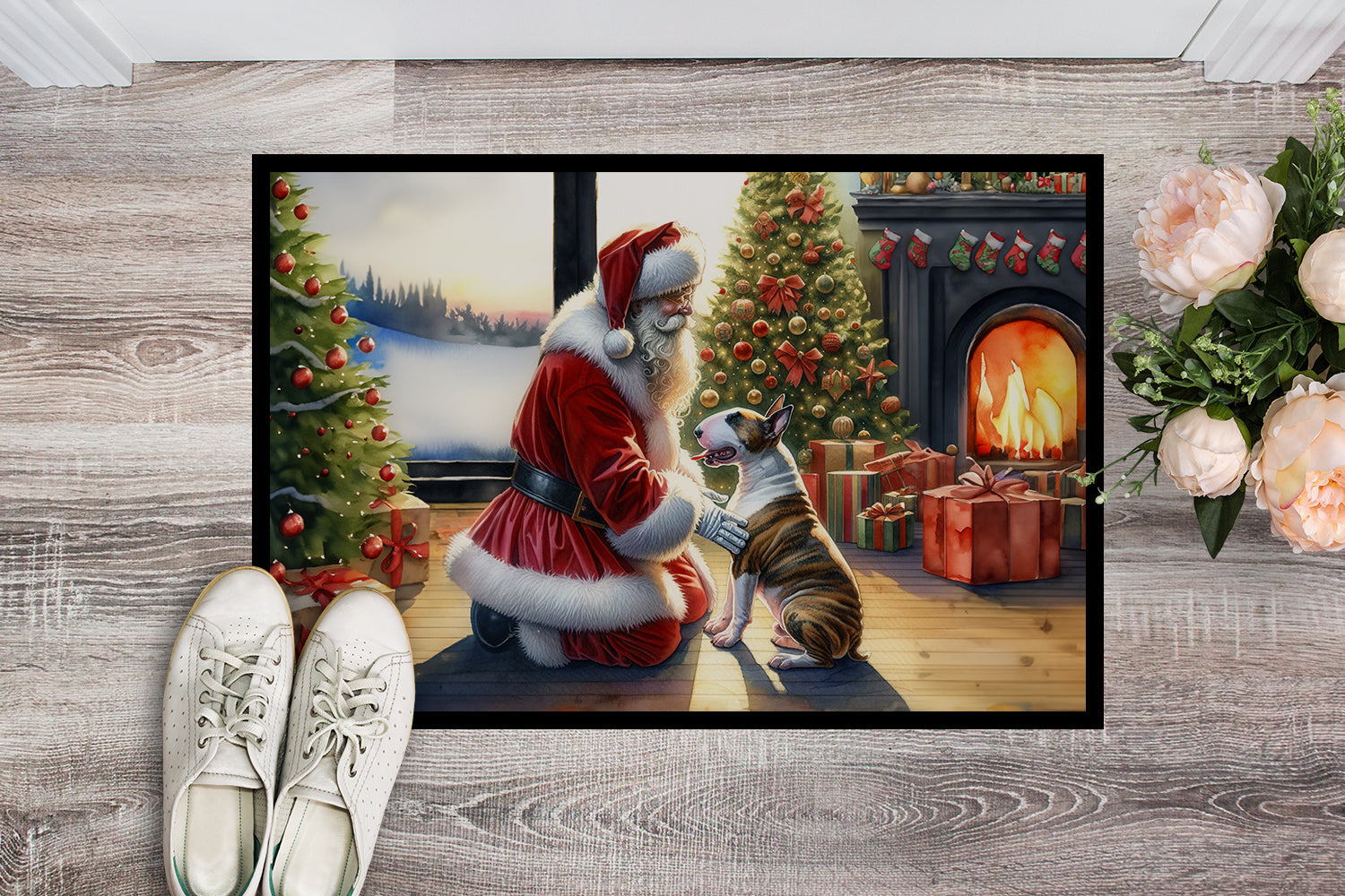 Bull Terrier and Santa Claus Doormat Indoor Outdoor 24H X 36W Front Door Mat Rugs for Entryway, Non Slip Washable Low Pile,