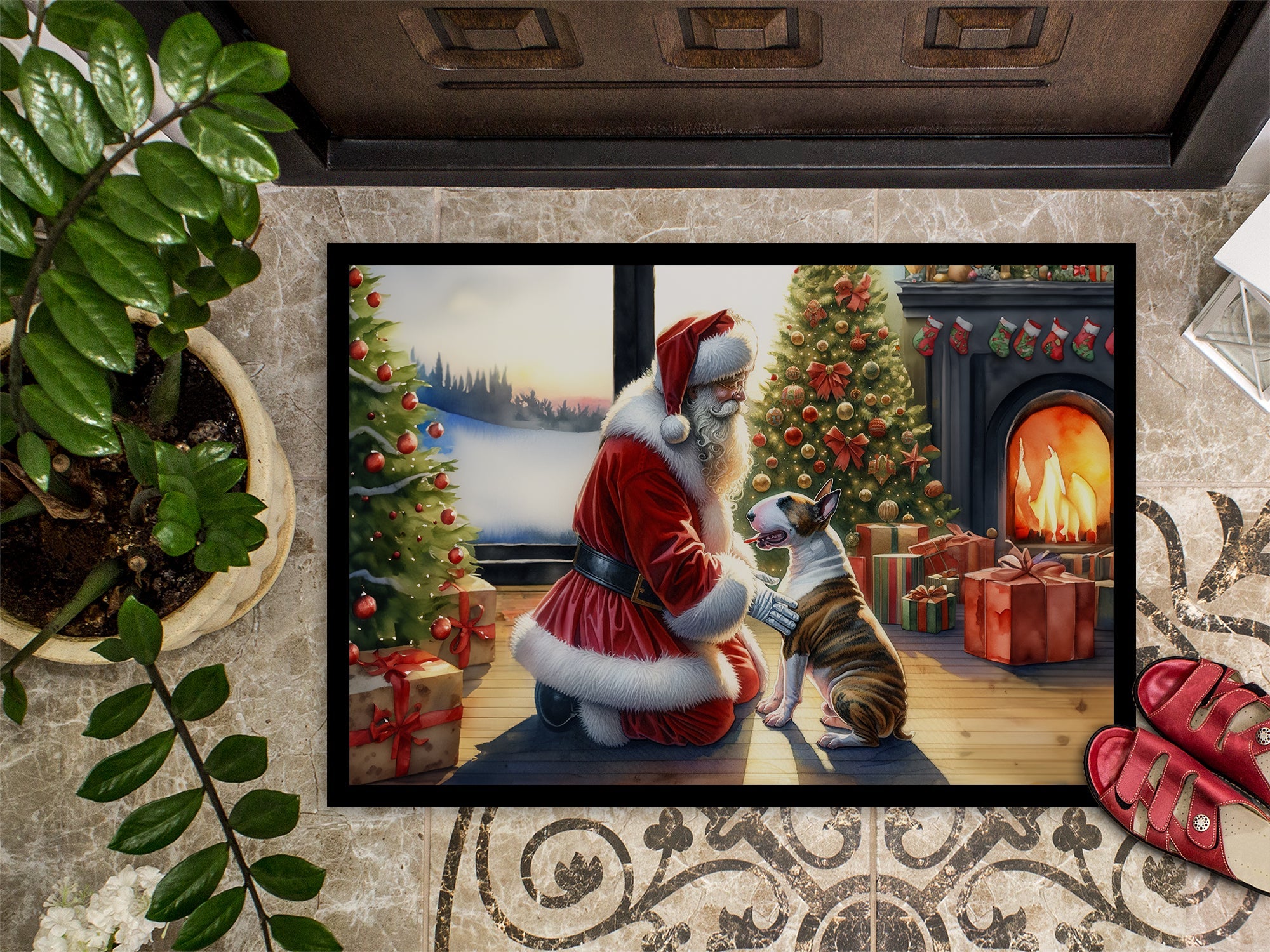 Bull Terrier and Santa Claus Doormat Indoor Outdoor 18H X 27W Front Door Mat Rugs for Entryway, Non Slip Washable
