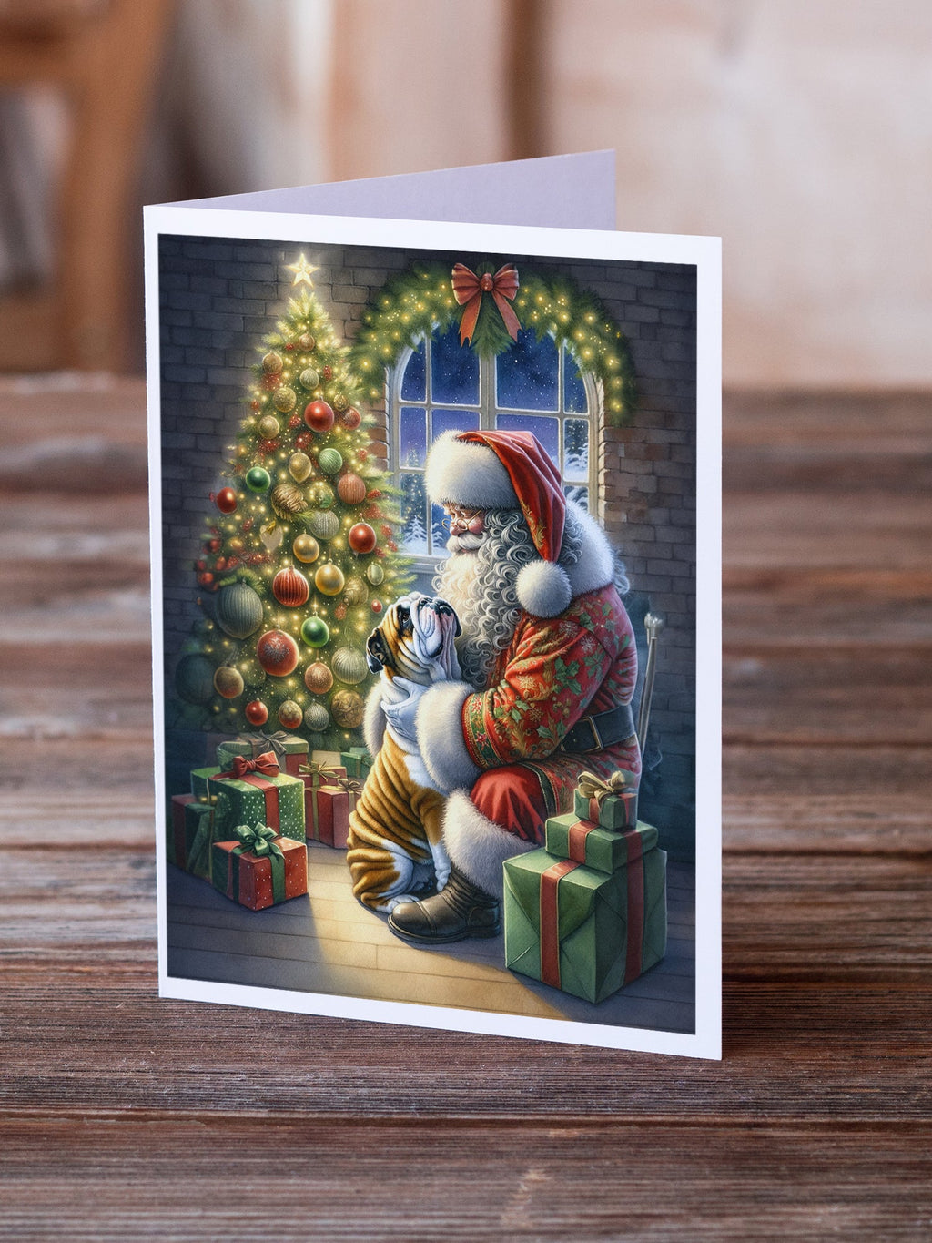 English Bulldog and Santa Claus Greeting Cards Pack of 8 Blank Cards with Envelopes Whimsical A7 Size 5x7