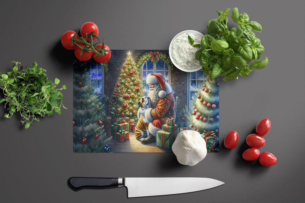 English Bulldog and Santa Claus Cutting Board Tempered Glass Kitchen Cutting Surface, Heat Resistant Chopping, Non-Slip Feet, Food Prep & Serving