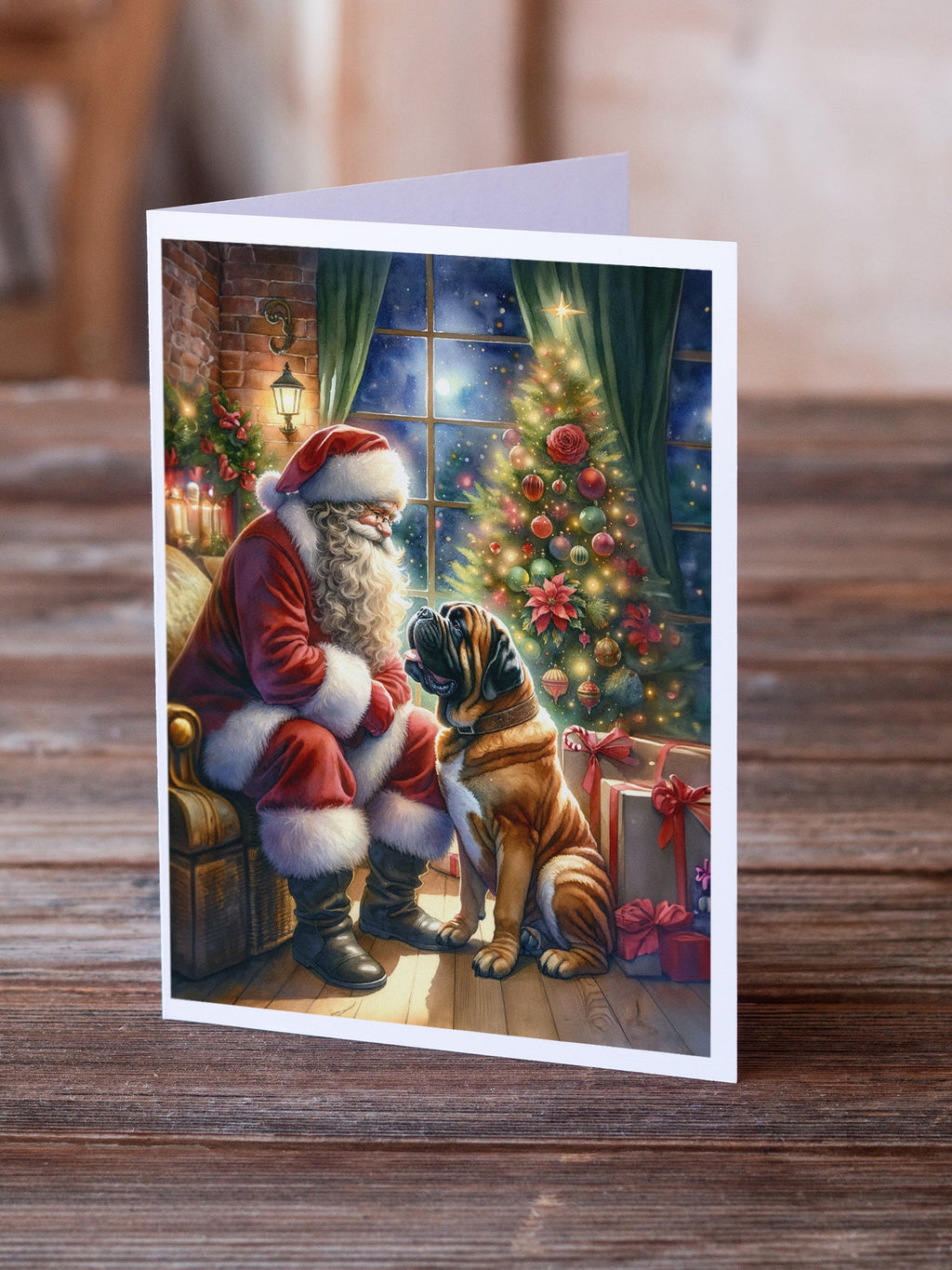Bullmastiff and Santa Claus Greeting Cards Pack of 8 Blank Cards with Envelopes Whimsical A7 Size 5x7