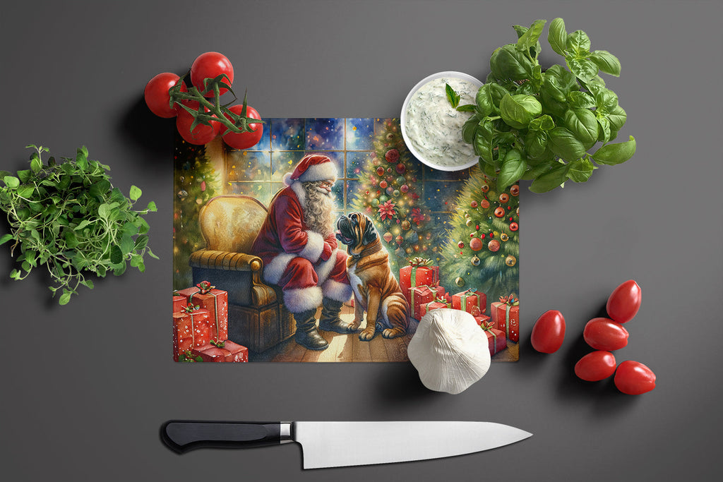 Bullmastiff and Santa Claus Cutting Board Tempered Glass Kitchen Cutting Surface, Heat Resistant Chopping, Non-Slip Feet, Food Prep & Serving