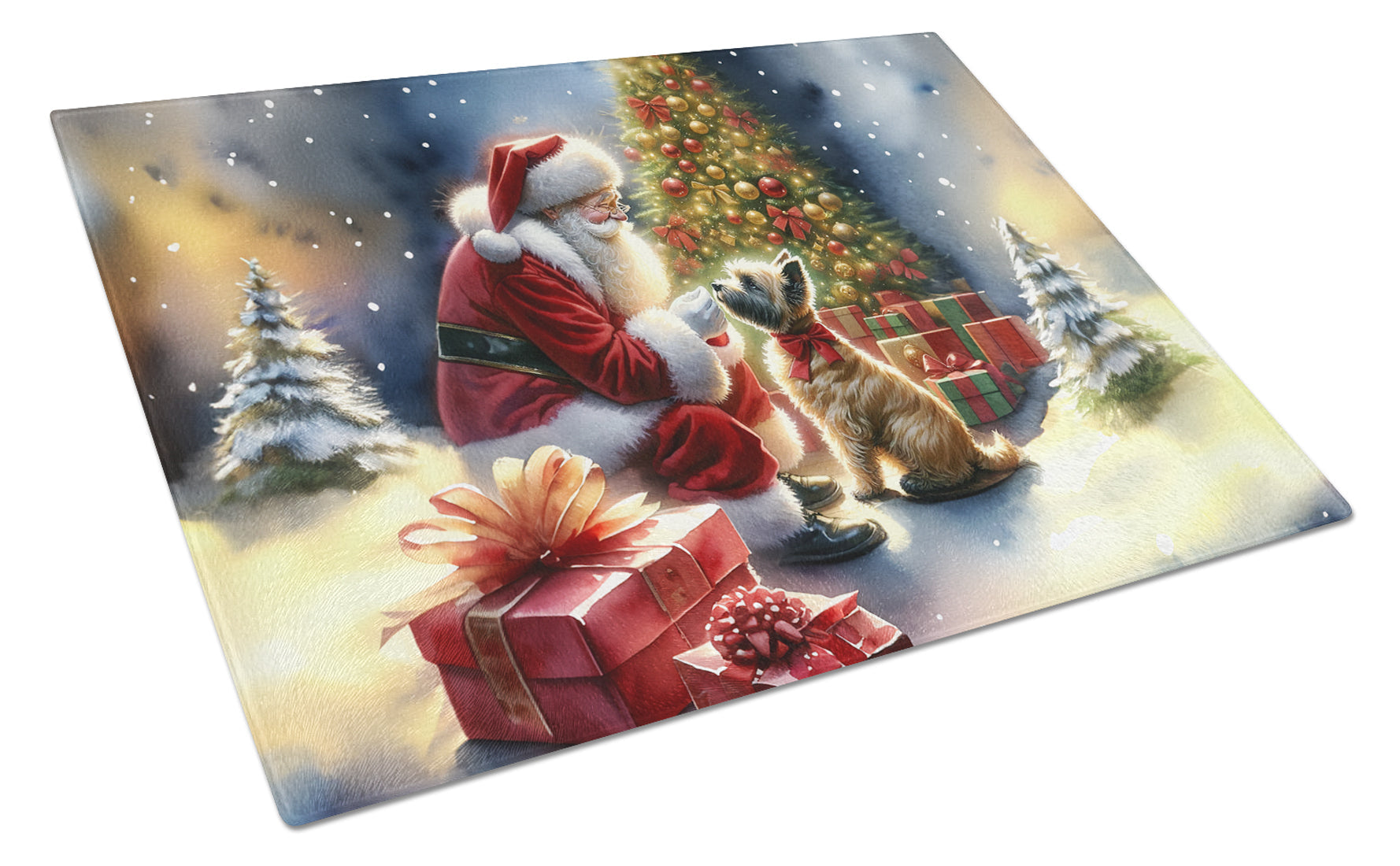 Cairn Terrier and Santa Claus Cutting Board Tempered Glass Kitchen Cutting Surface, Heat Resistant Chopping, Non-Slip Feet, Food Prep & Serving