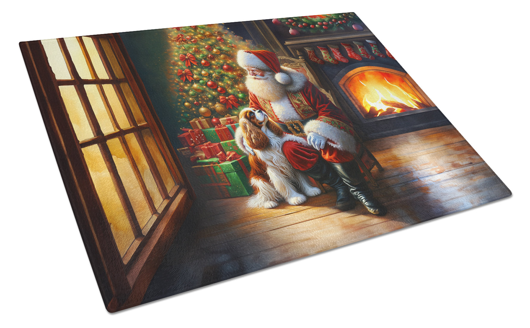 Cavalier Spaniel and Santa Claus Cutting Board Tempered Glass Kitchen Cutting Surface, Heat Resistant Chopping, Non-Slip Feet, Food Prep & Serving