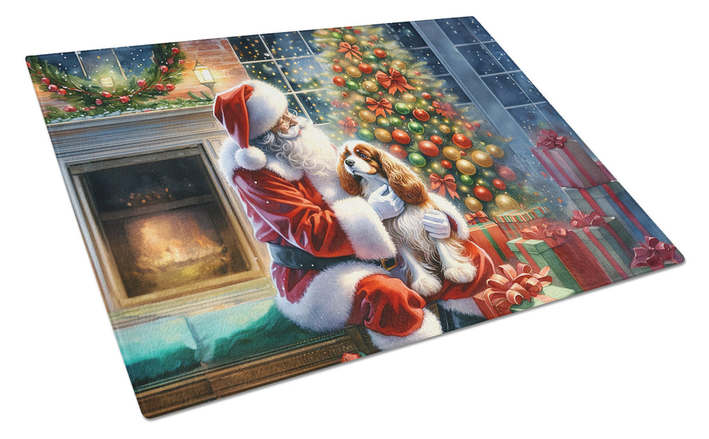 Cavalier Spaniel and Santa Claus Cutting Board Tempered Glass Kitchen Cutting Surface, Heat Resistant Chopping, Non-Slip Feet, Food Prep & Serving
