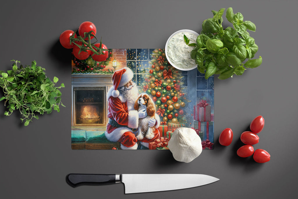 Cavalier Spaniel and Santa Claus Cutting Board Tempered Glass Kitchen Cutting Surface, Heat Resistant Chopping, Non-Slip Feet, Food Prep & Serving