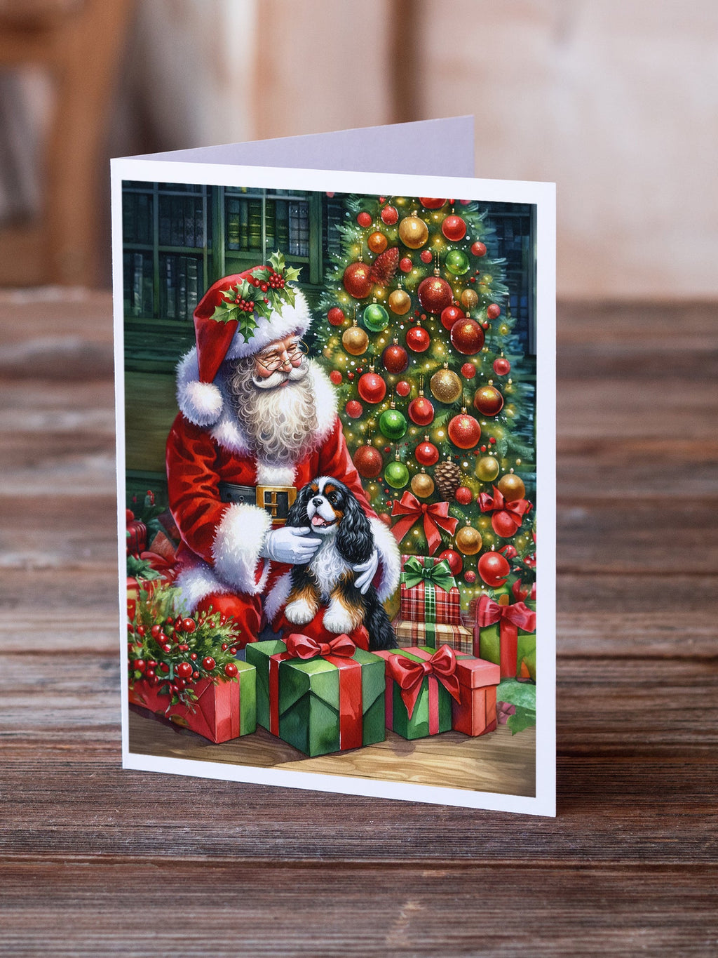Cavalier Spaniel and Santa Claus Greeting Cards Pack of 8 Blank Cards with Envelopes Whimsical A7 Size 5x7