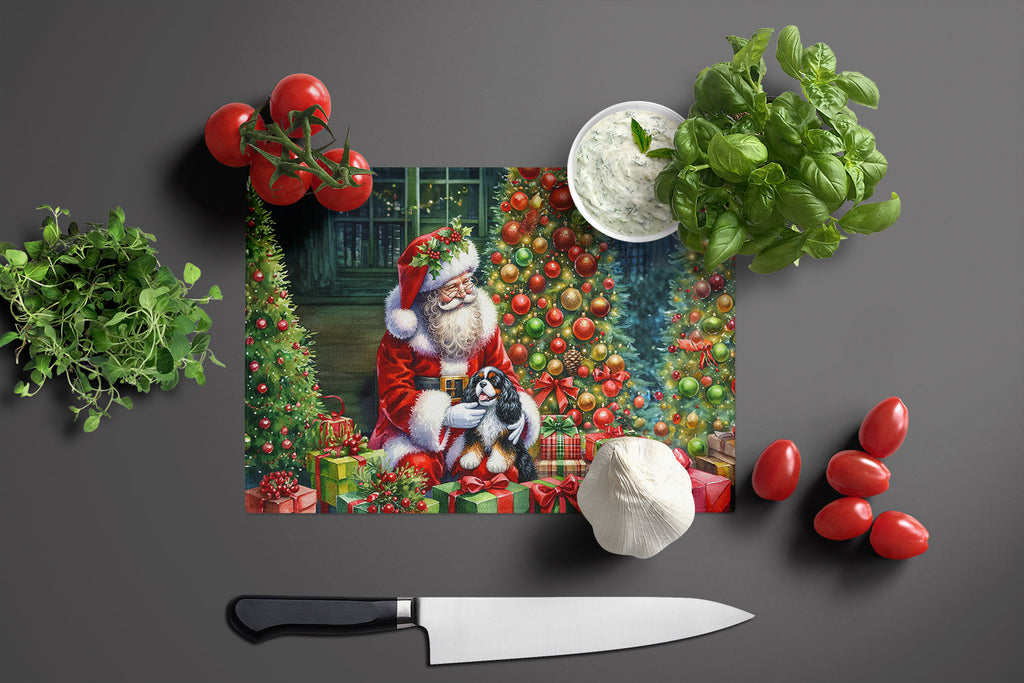 Cavalier Spaniel and Santa Claus Cutting Board Tempered Glass Kitchen Cutting Surface, Heat Resistant Chopping, Non-Slip Feet, Food Prep & Serving