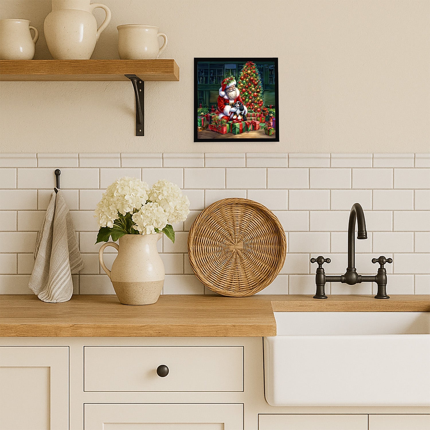 Cavalier Spaniel and Santa Claus Framed Metal Print Bathroom, Kitchen, Office, Home Decor Wall Art Ready to Hang, Square, 8X8