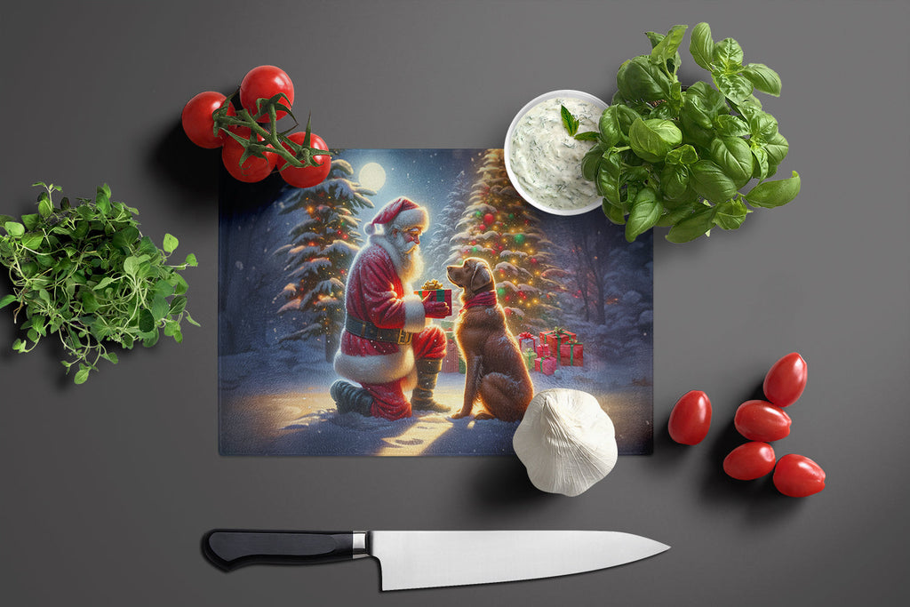 Chesapeake Bay Retriever and Santa Claus Cutting Board Tempered Glass Kitchen Cutting Surface, Heat Resistant Chopping, Non-Slip Feet, Food Prep & Serving