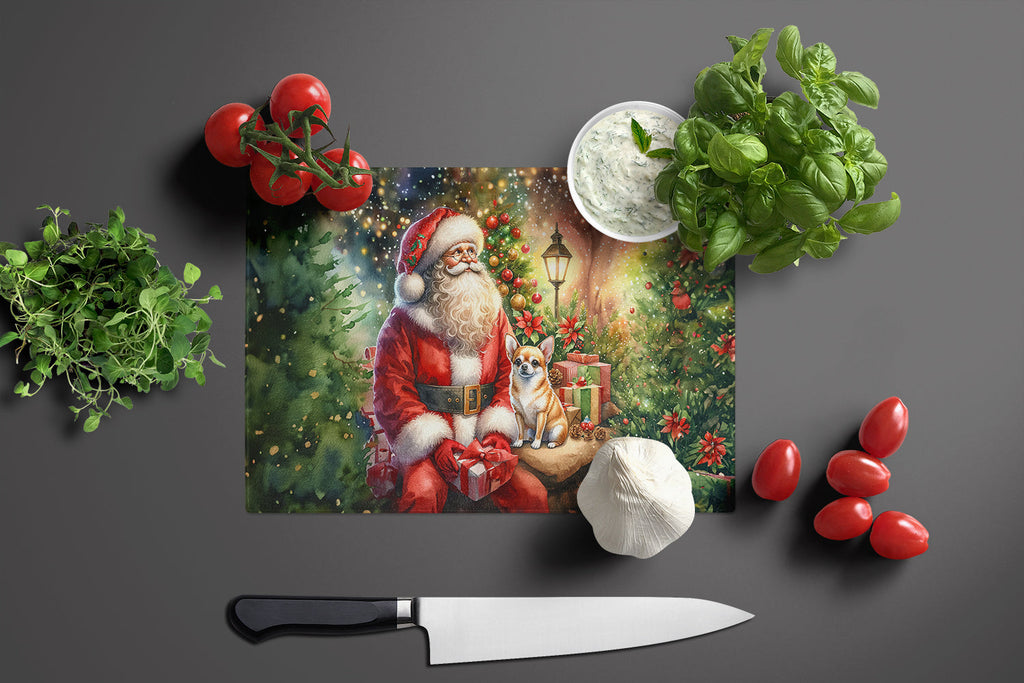 Chihuahua and Santa Claus Cutting Board Tempered Glass Kitchen Cutting Surface, Heat Resistant Chopping, Non-Slip Feet, Food Prep & Serving