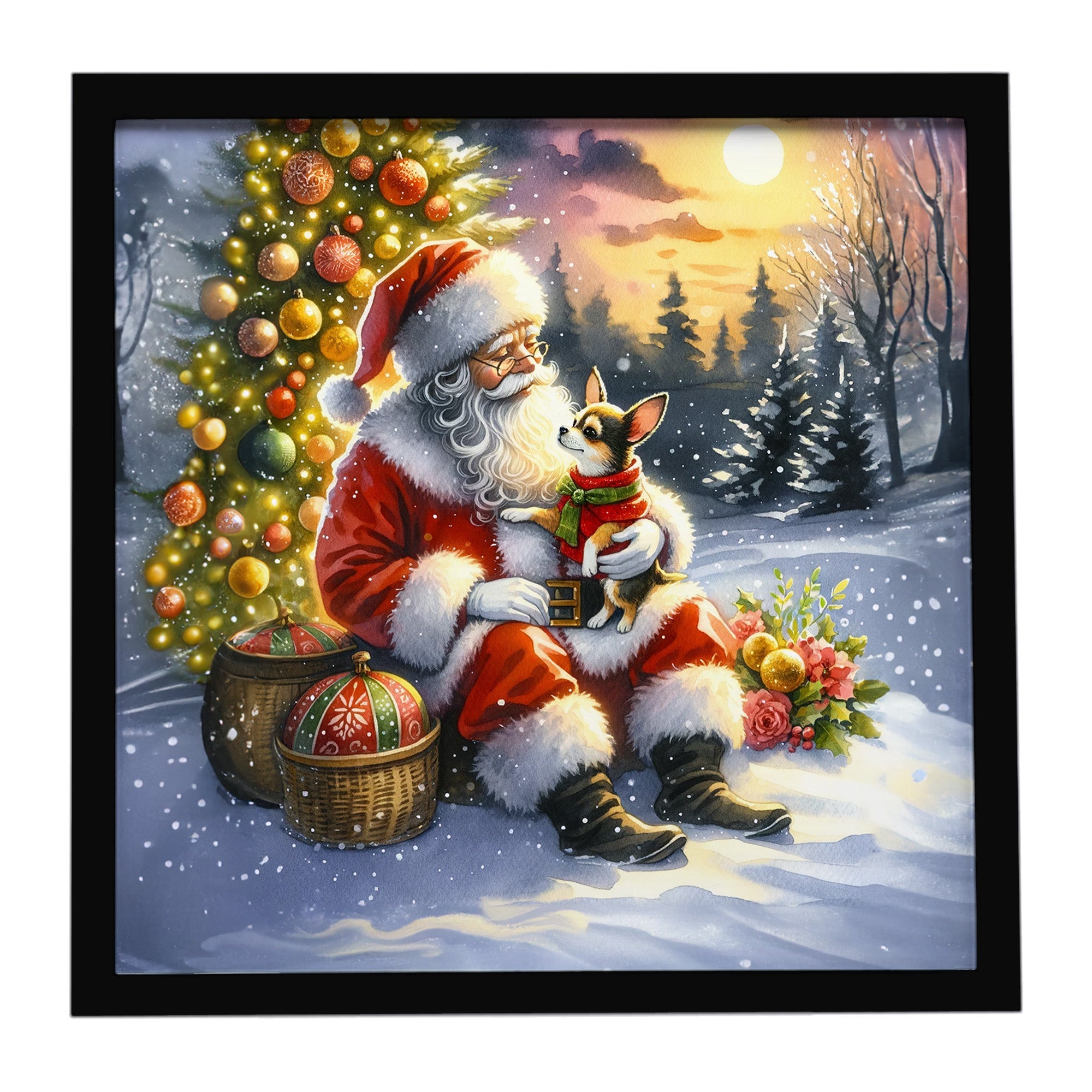 Chihuahua and Santa Claus Framed Metal Print Bathroom, Kitchen, Office, Home Decor Wall Art Ready to Hang, Square, 8X8