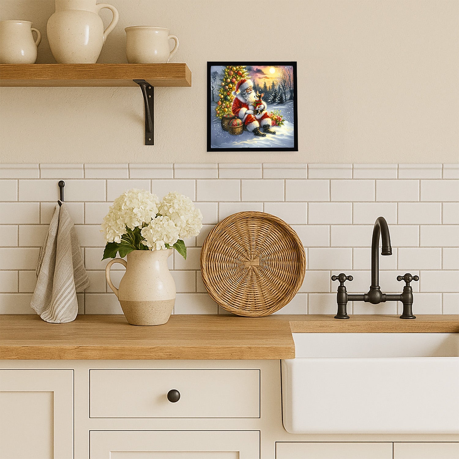 Chihuahua and Santa Claus Framed Metal Print Bathroom, Kitchen, Office, Home Decor Wall Art Ready to Hang, Square, 8X8