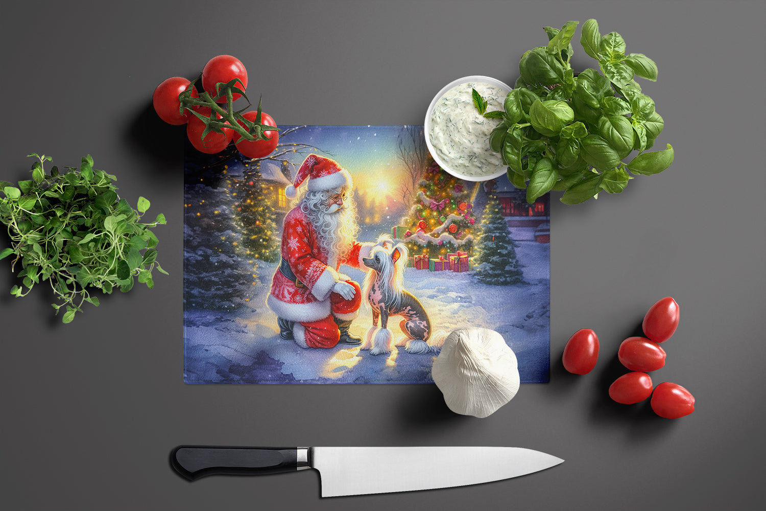 Chinese Crested and Santa Claus Cutting Board Tempered Glass Kitchen Cutting Surface, Heat Resistant Chopping, Non-Slip Feet, Food Prep & Serving