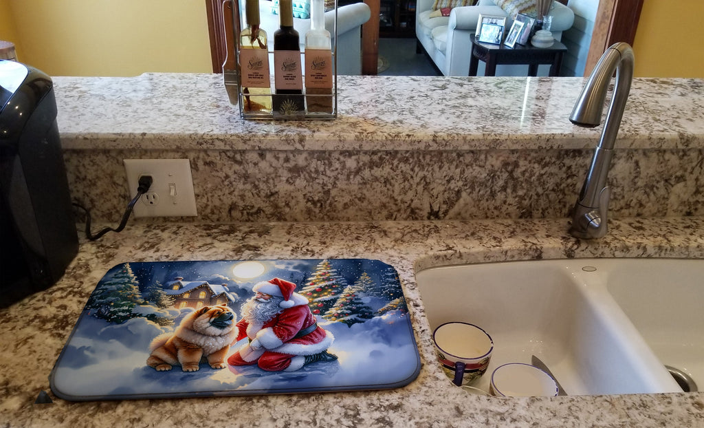 Chow Chow and Santa Claus Dish Drying Mat Absorbent Dish Drying Mat Pad for Kitchen Counter Dish Drainer Mat for Countertop, 14 x 21", Multicolor
