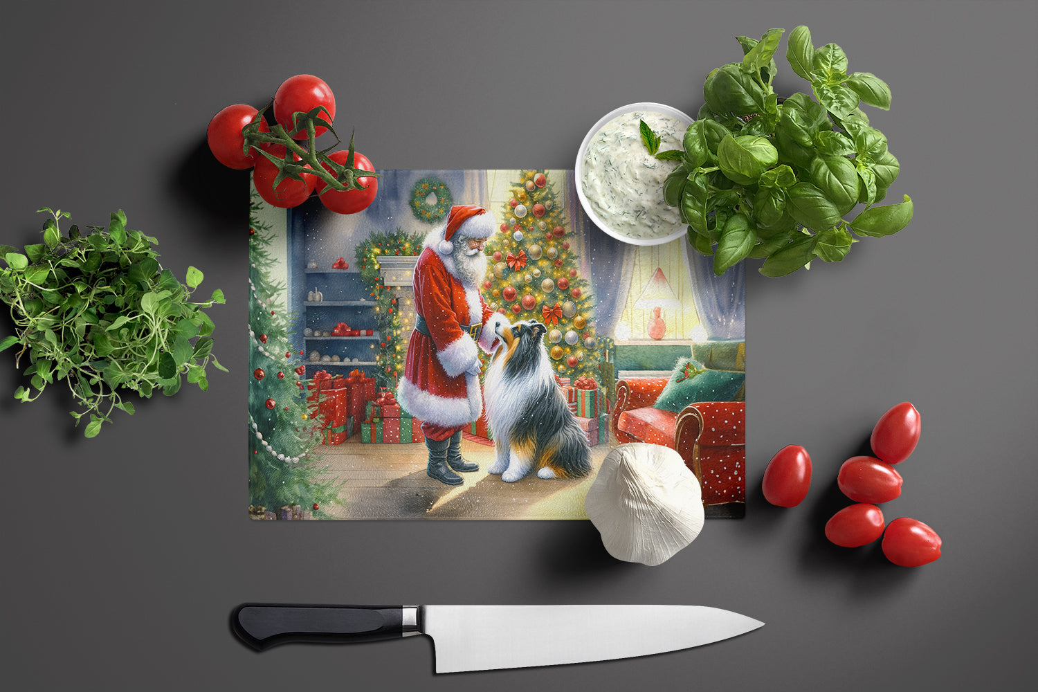 Collie and Santa Claus Cutting Board Tempered Glass Kitchen Cutting Surface, Heat Resistant Chopping, Non-Slip Feet, Food Prep & Serving