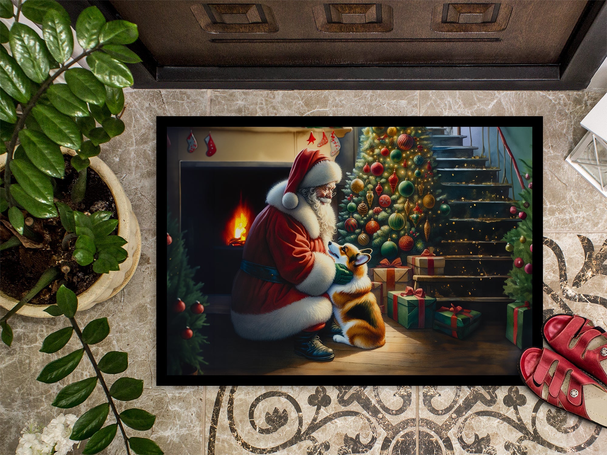 Corgi and Santa Claus Doormat Indoor Outdoor 24H X 36W Front Door Mat Rugs for Entryway, Non Slip Washable Low Pile,