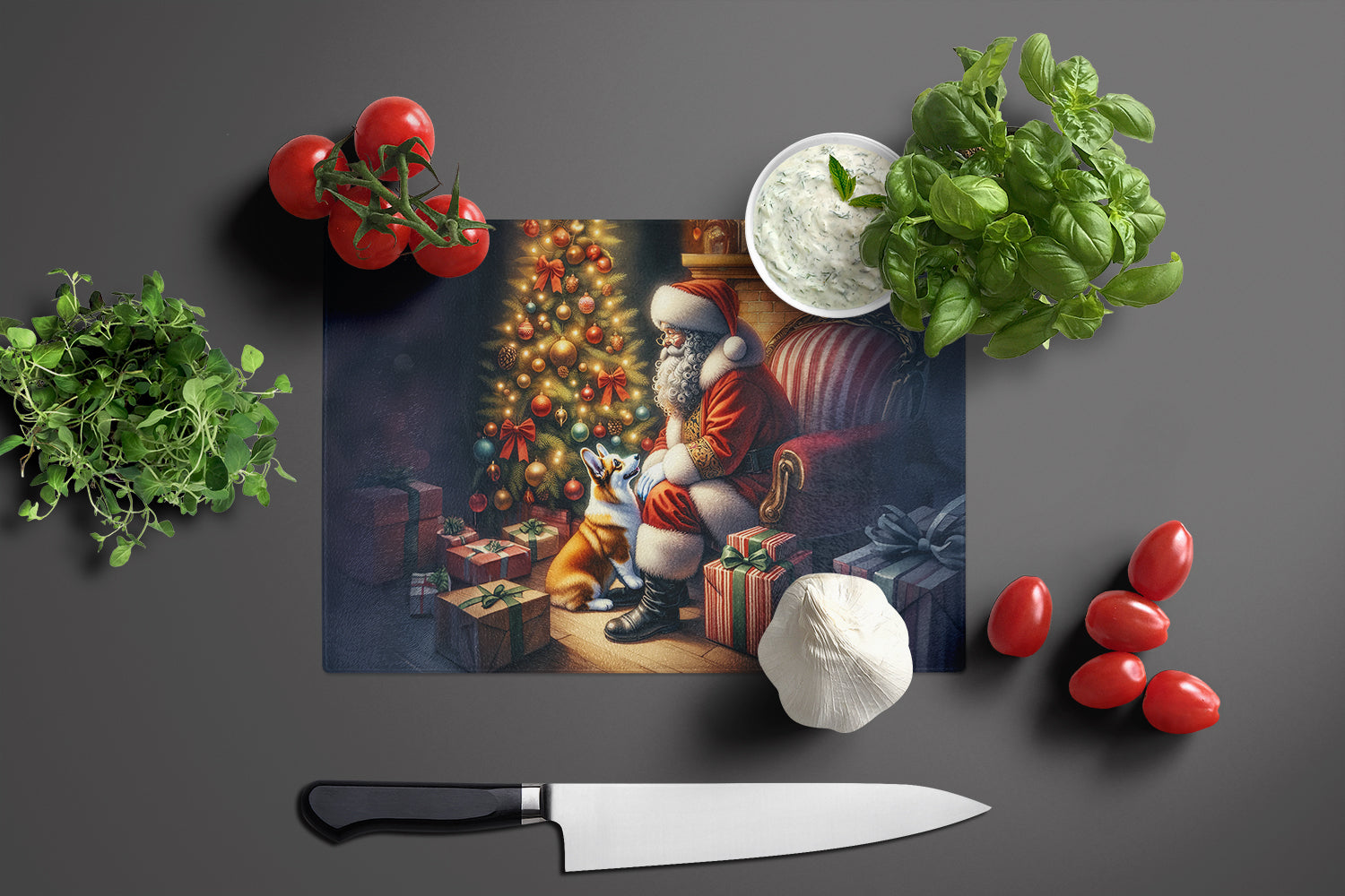 Corgi and Santa Claus Cutting Board Tempered Glass Kitchen Cutting Surface, Heat Resistant Chopping, Non-Slip Feet, Food Prep & Serving