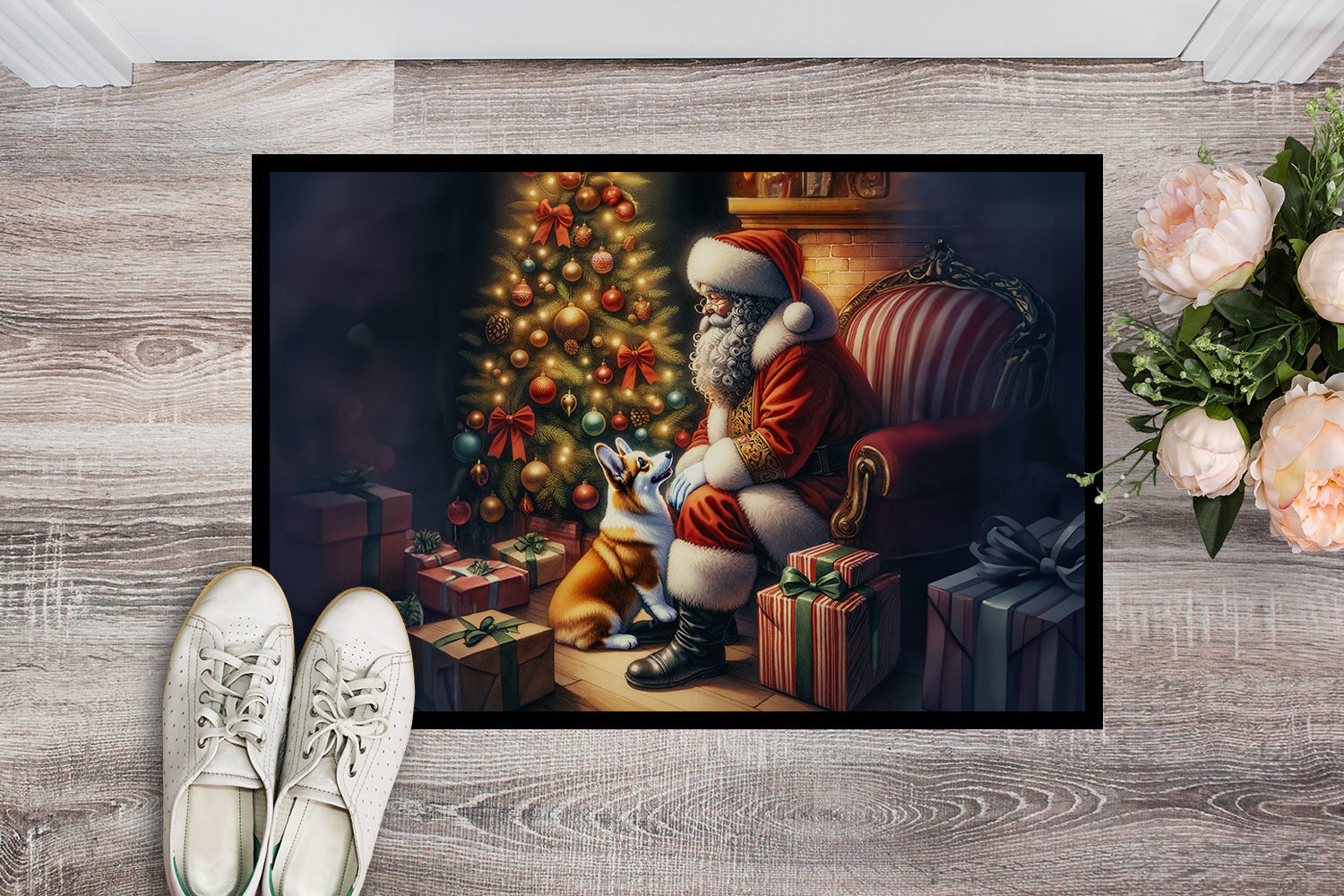 Corgi and Santa Claus Doormat Indoor Outdoor 18H X 27W Front Door Mat Rugs for Entryway, Non Slip Washable
