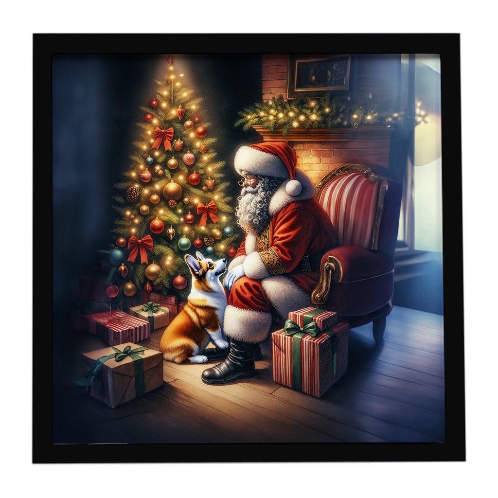 Corgi and Santa Claus Framed Metal Print Bathroom, Kitchen, Office, Home Decor Wall Art Ready to Hang, Square, 8X8