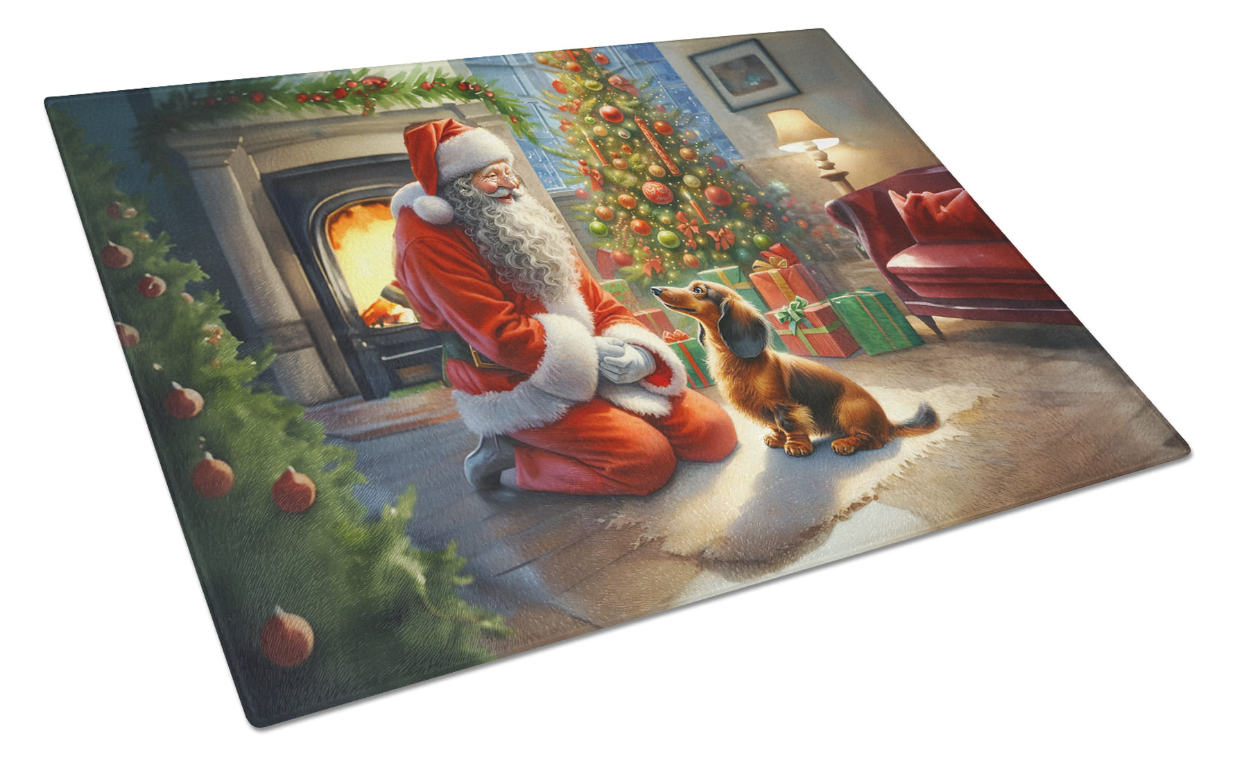 Dachshund and Santa Claus Cutting Board Tempered Glass Kitchen Cutting Surface, Heat Resistant Chopping, Non-Slip Feet, Food Prep & Serving