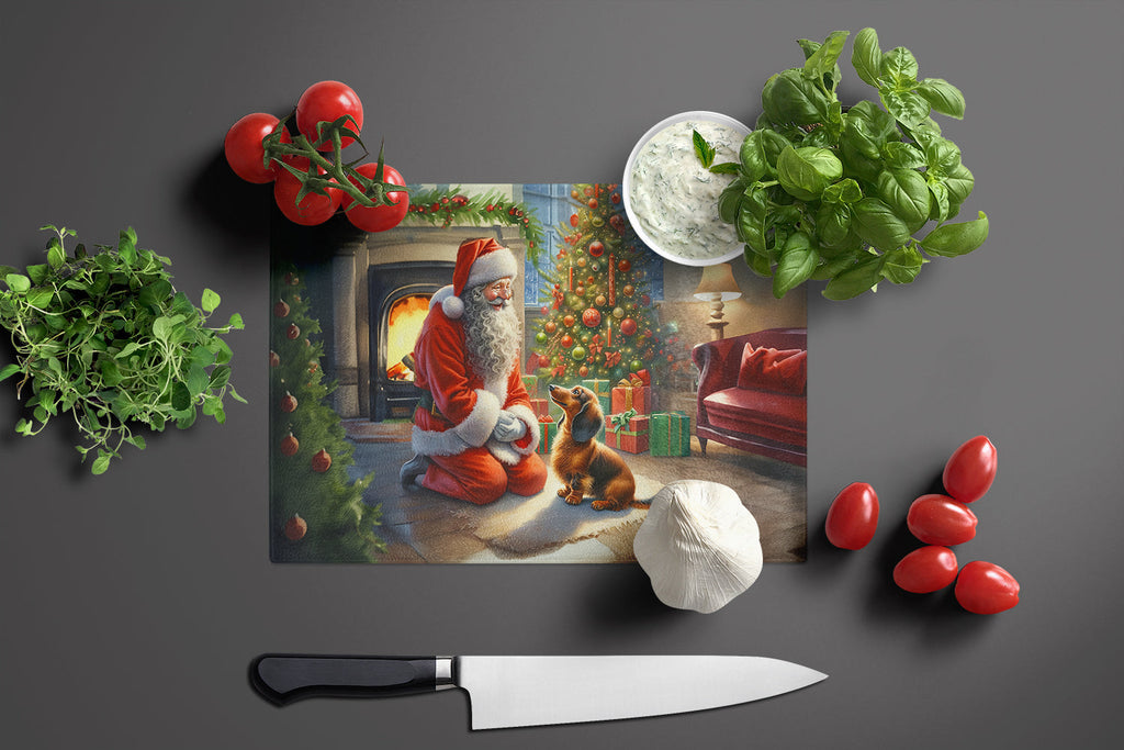 Dachshund and Santa Claus Cutting Board Tempered Glass Kitchen Cutting Surface, Heat Resistant Chopping, Non-Slip Feet, Food Prep & Serving