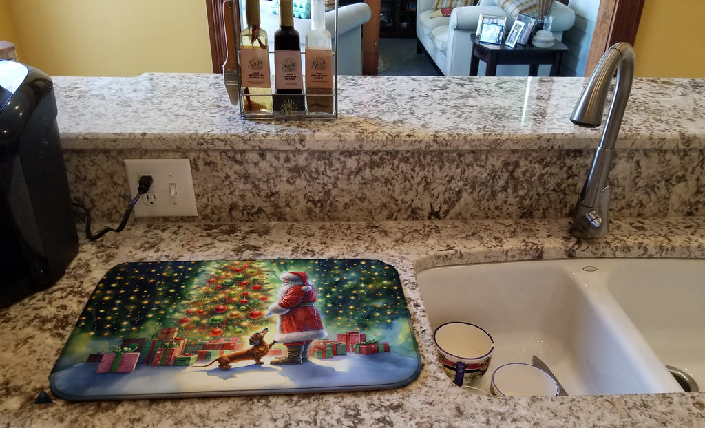 Dachshund and Santa Claus Dish Drying Mat Absorbent Dish Drying Mat Pad for Kitchen Counter Dish Drainer Mat for Countertop, 14 x 21", Multicolor