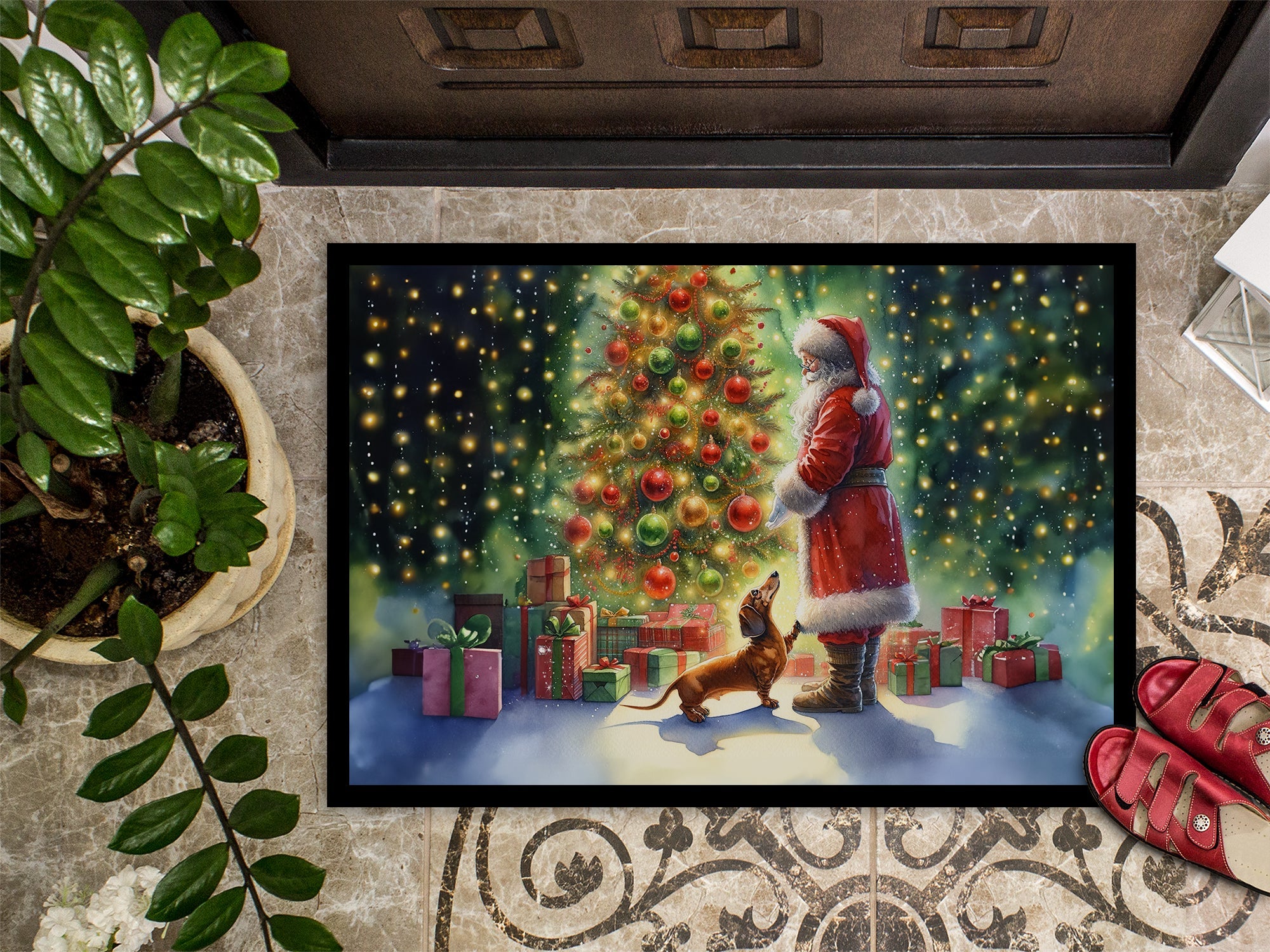 Dachshund and Santa Claus Doormat Indoor Outdoor 24H X 36W Front Door Mat Rugs for Entryway, Non Slip Washable Low Pile,