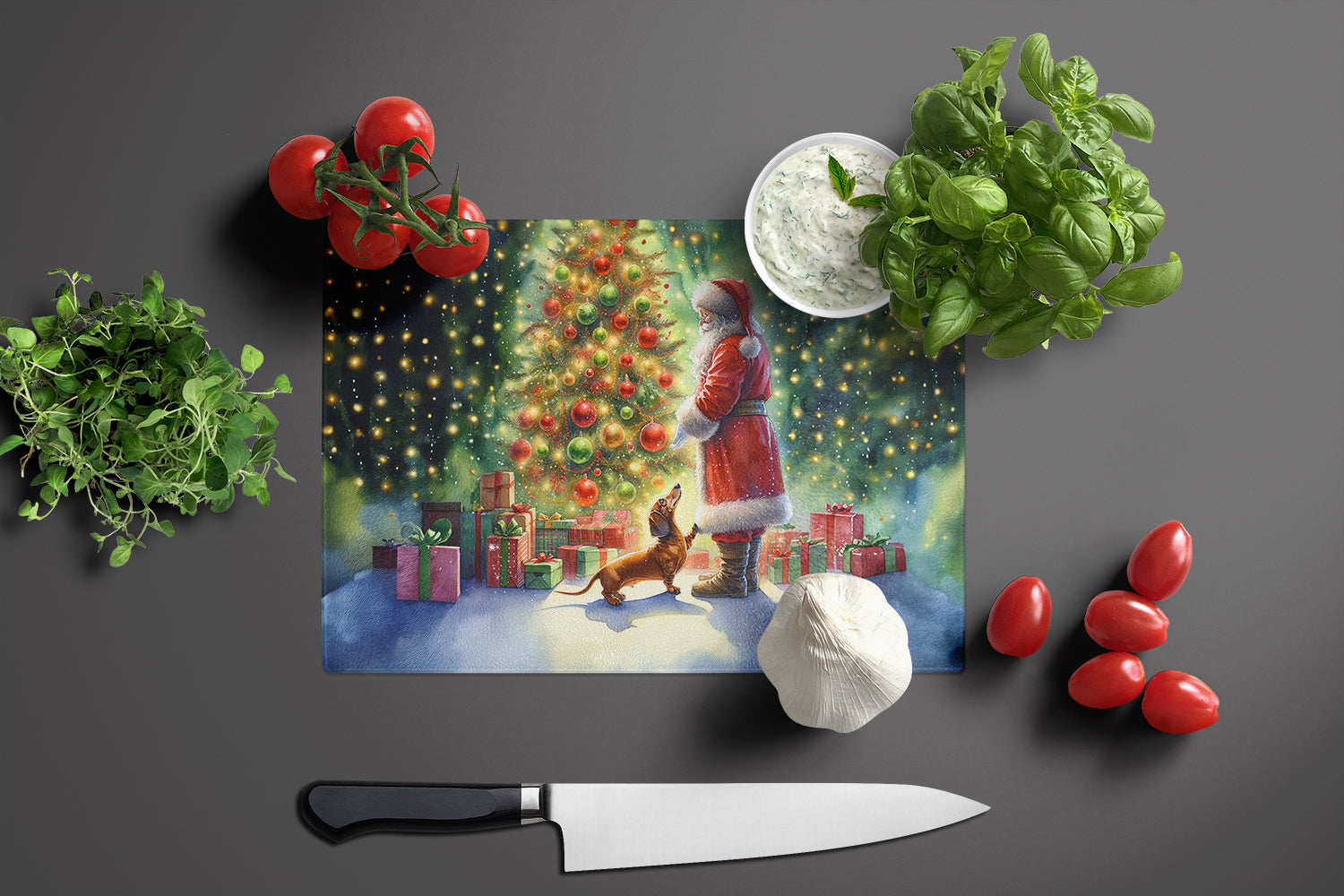 Dachshund and Santa Claus Cutting Board Tempered Glass Kitchen Cutting Surface, Heat Resistant Chopping, Non-Slip Feet, Food Prep & Serving