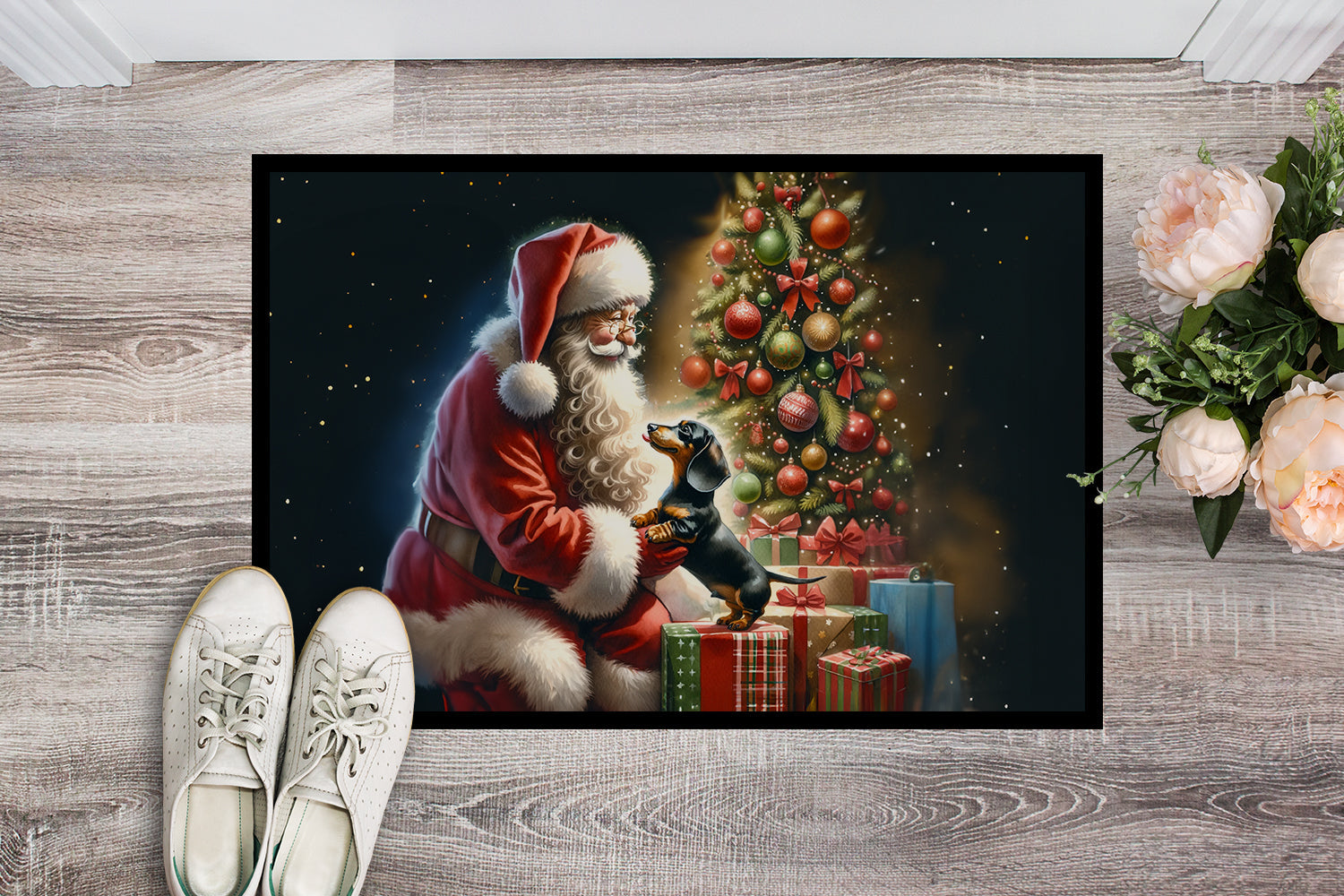 Dachshund and Santa Claus Doormat Indoor Outdoor 24H X 36W Front Door Mat Rugs for Entryway, Non Slip Washable Low Pile,