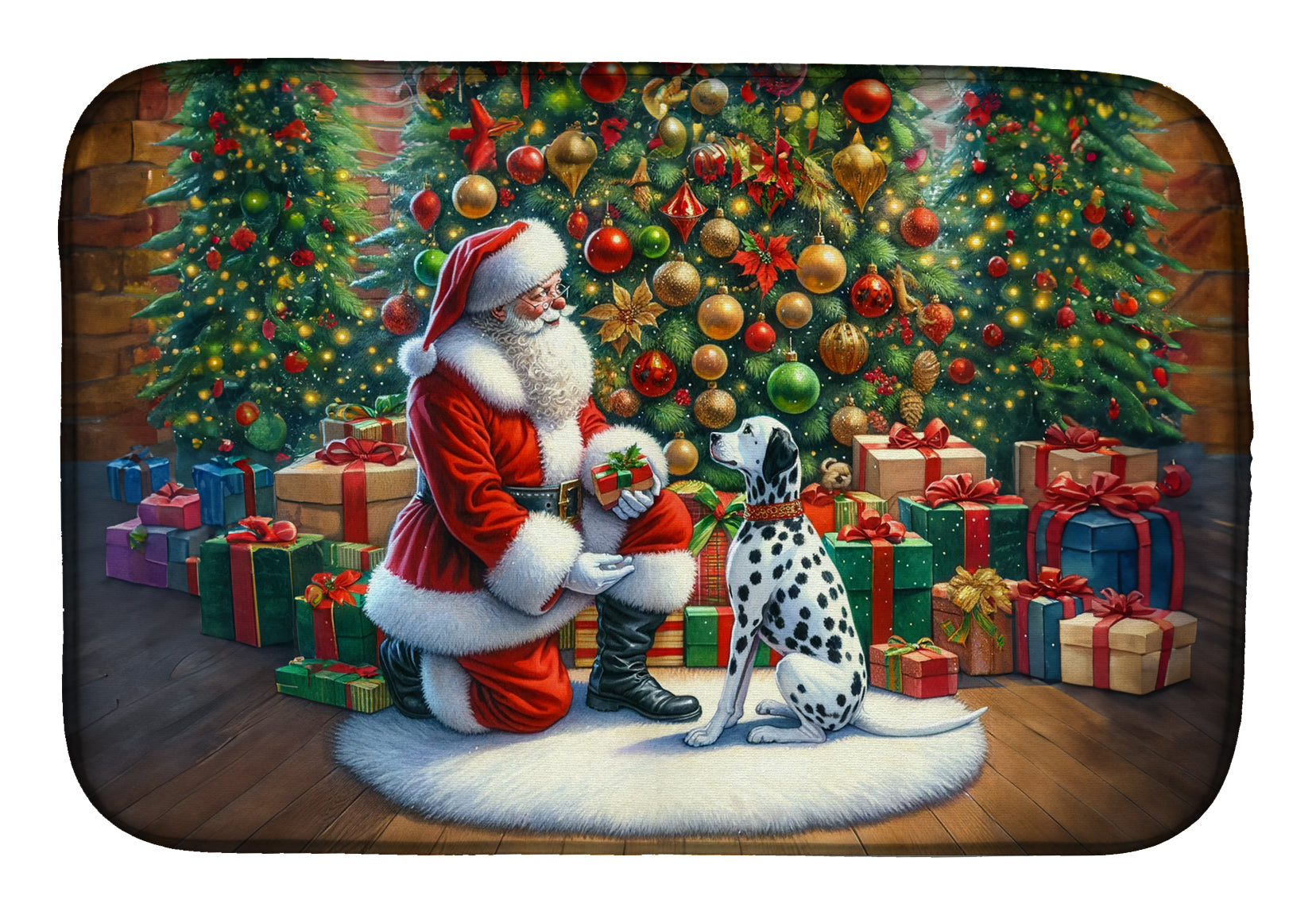 Dalmatian and Santa Claus Dish Drying Mat Absorbent Dish Drying Mat Pad for Kitchen Counter Dish Drainer Mat for Countertop, 14 x 21", Multicolor