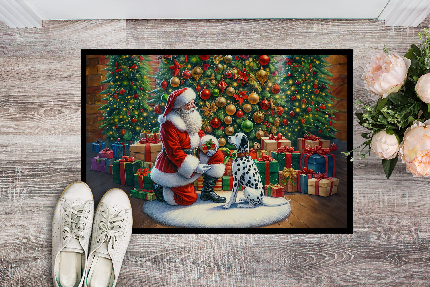 Dalmatian and Santa Claus Doormat Indoor Outdoor 18H X 27W Front Door Mat Rugs for Entryway, Non Slip Washable