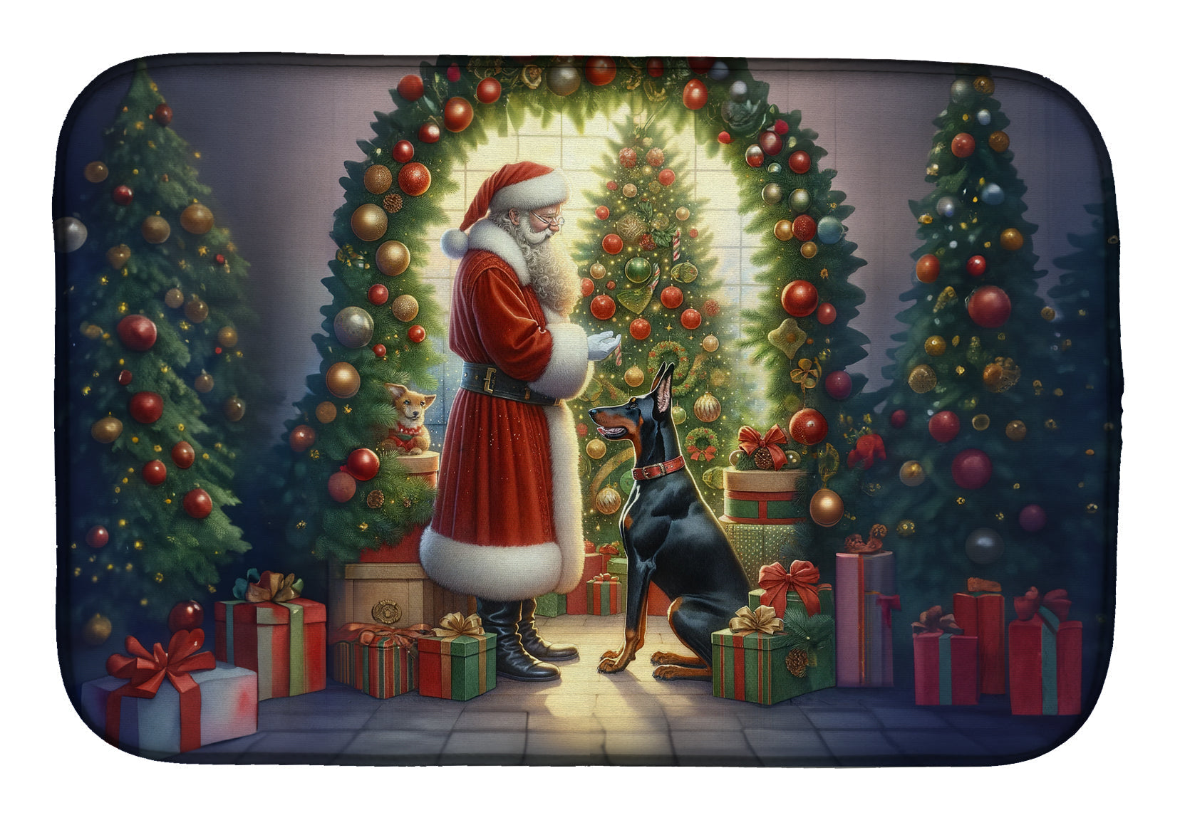 Doberman Pinscher and Santa Claus Dish Drying Mat Absorbent Dish Drying Mat Pad for Kitchen Counter Dish Drainer Mat for Countertop, 14 x 21", Multicolor