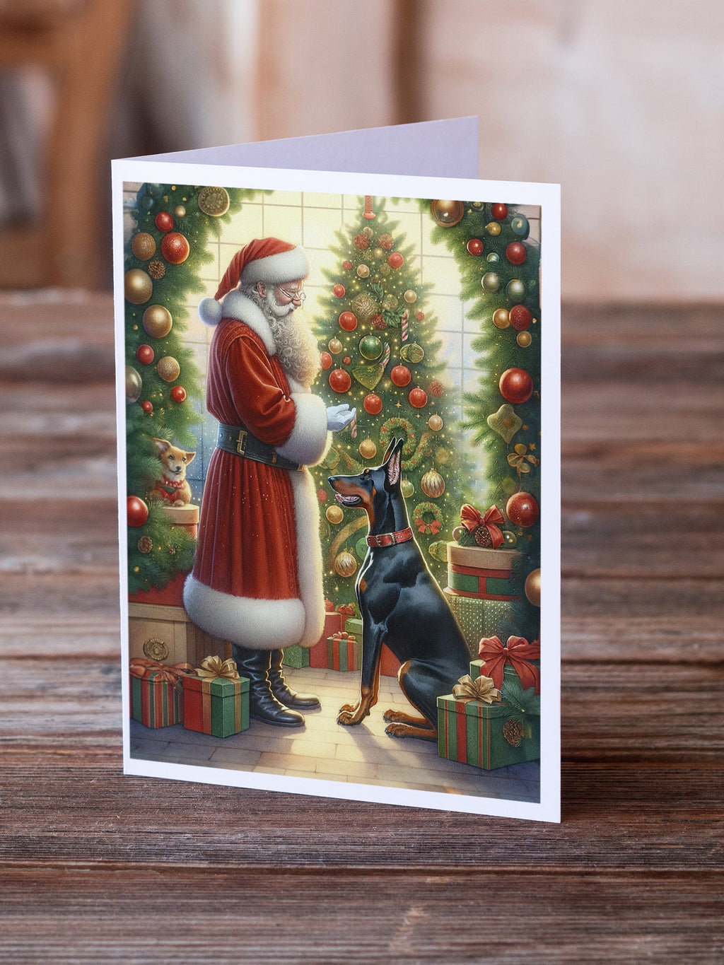 Doberman Pinscher and Santa Claus Greeting Cards Pack of 8 Blank Cards with Envelopes Whimsical A7 Size 5x7