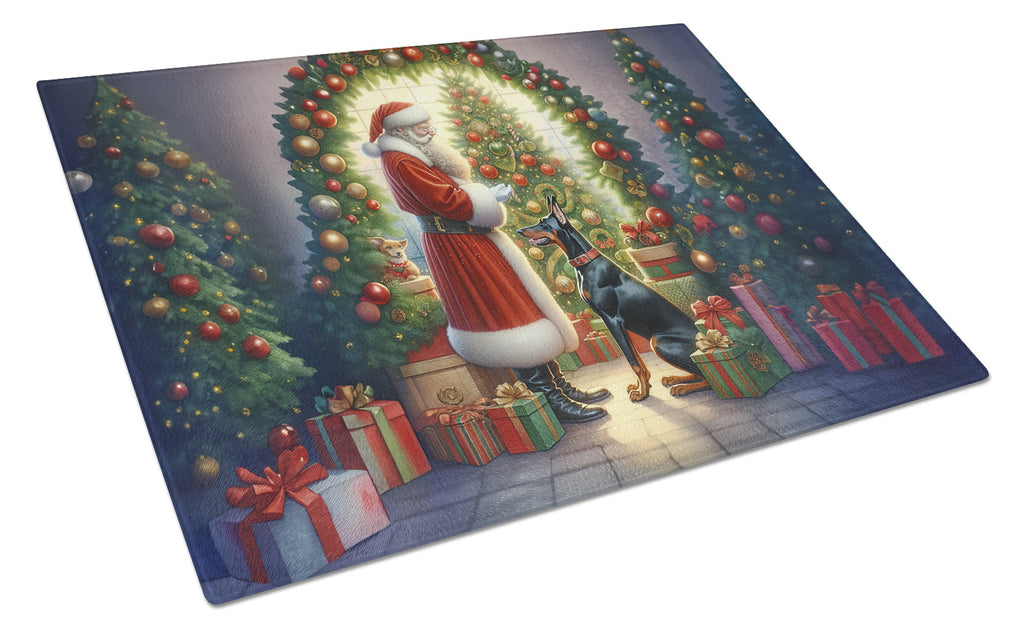 Doberman Pinscher and Santa Claus Cutting Board Tempered Glass Kitchen Cutting Surface, Heat Resistant Chopping, Non-Slip Feet, Food Prep & Serving