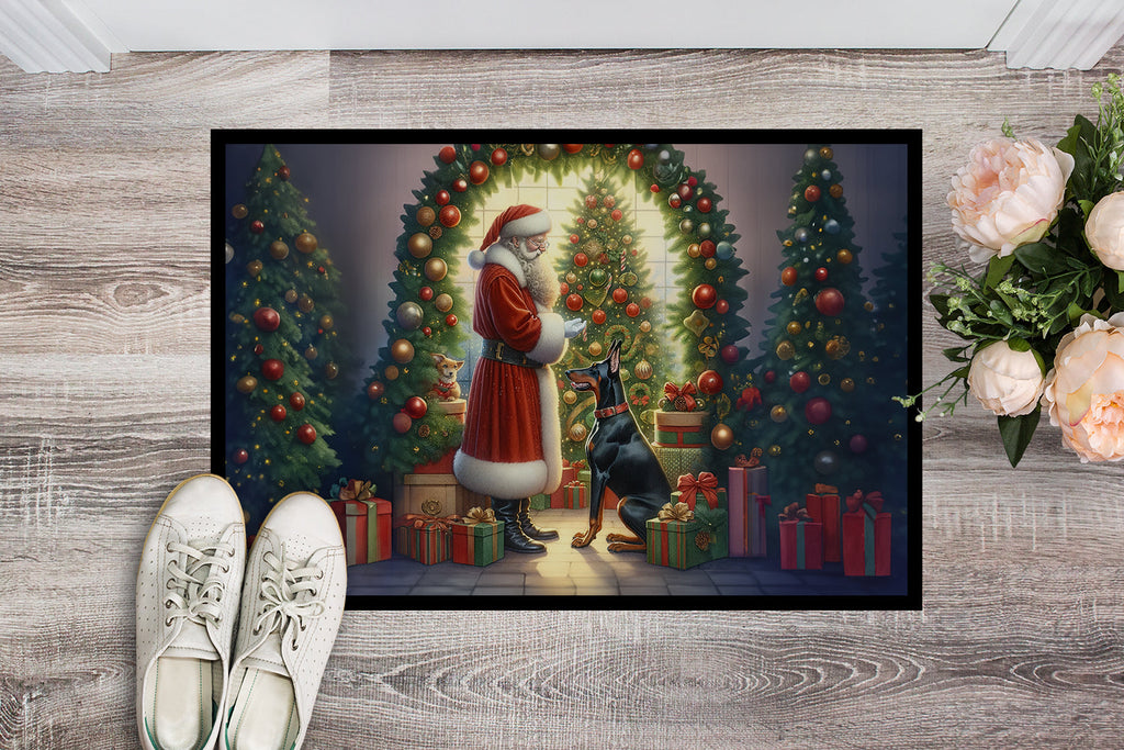 Doberman Pinscher and Santa Claus Doormat Indoor Outdoor 18H X 27W Front Door Mat Rugs for Entryway, Non Slip Washable