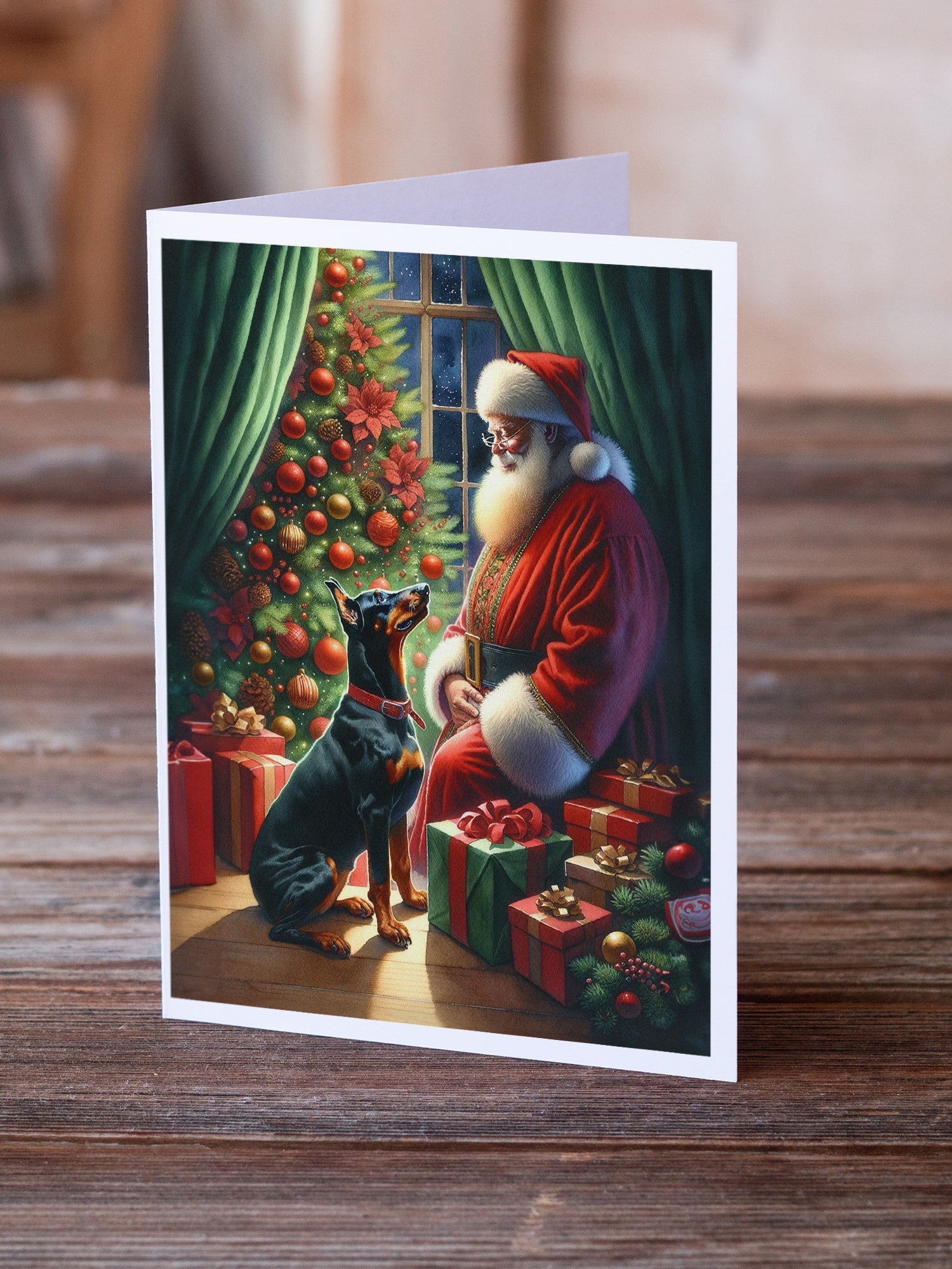 Doberman Pinscher and Santa Claus Greeting Cards Pack of 8 Blank Cards with Envelopes Whimsical A7 Size 5x7