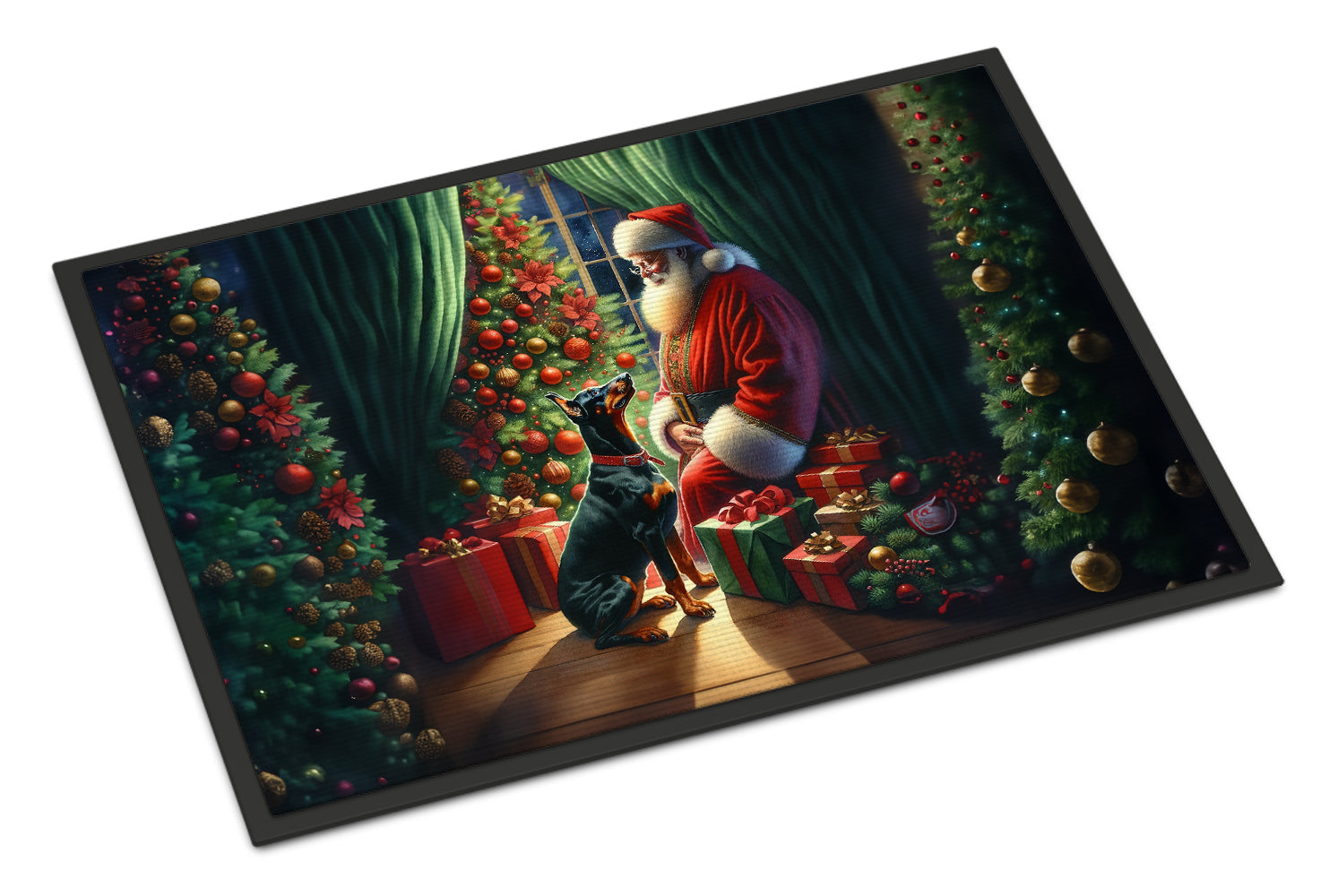 Doberman Pinscher and Santa Claus Doormat Indoor Outdoor 18H X 27W Front Door Mat Rugs for Entryway, Non Slip Washable
